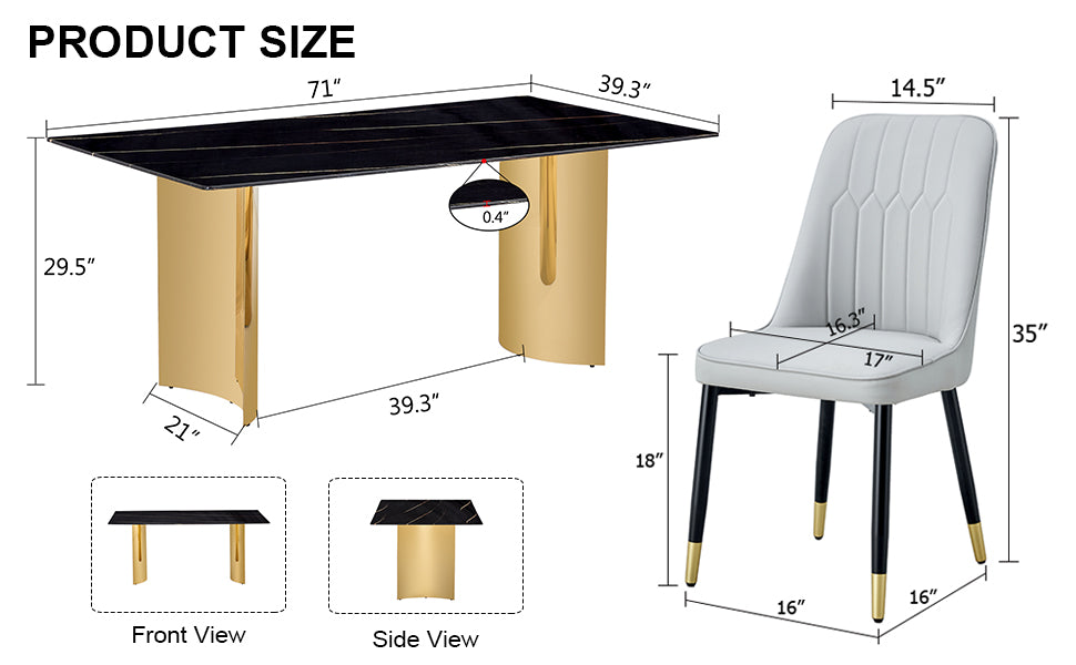 Table And Chair Set.The Table Has A Glass Top With Imitation Marble Pattern Stickers And Stainless Steel Golden Legs. Paried With Chairs With Pu Artificial Leather Backrest Cushions And Black Legs. Black Gold Seats 6 Glass Metal