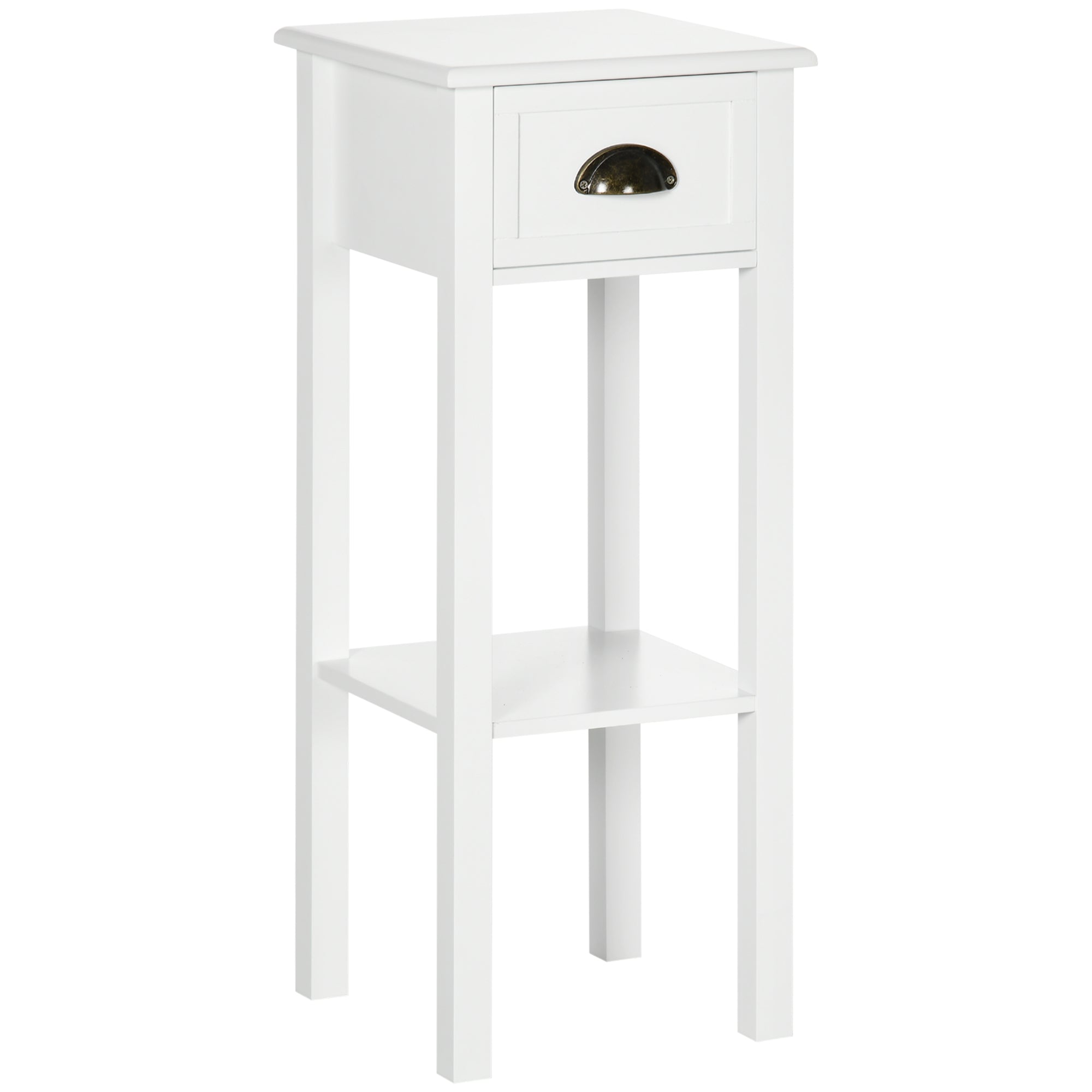 Homcom 2 Tier Side Table With Drawer, Narrow End Table With Bottom Shelf, For Living Room Or Bedroom, White White Mdf