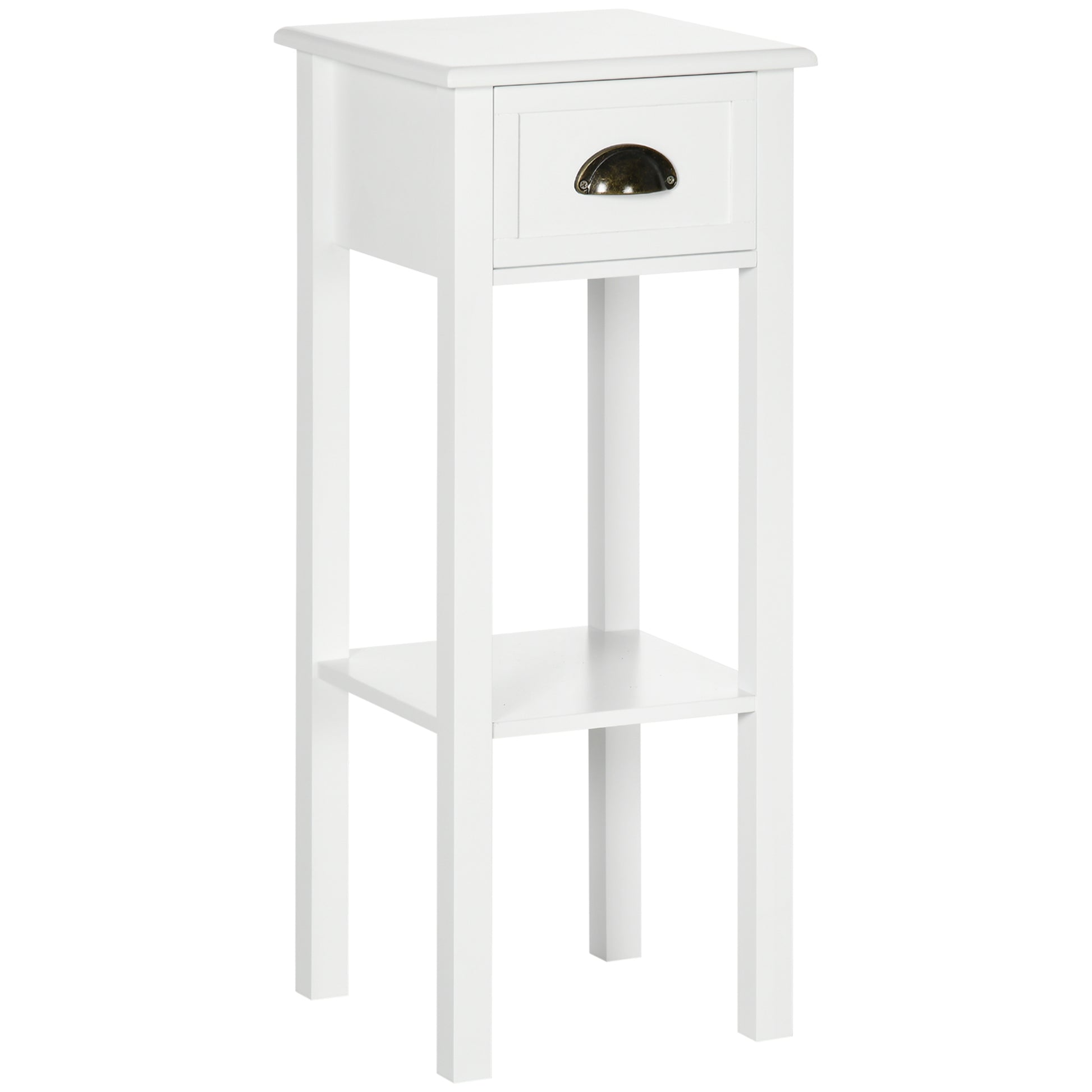 Homcom 2 Tier Side Table With Drawer, Narrow End Table With Bottom Shelf, For Living Room Or Bedroom, White White Mdf