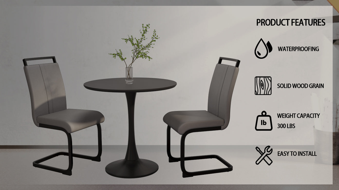 Black Circular Dining Table, 31.5 "Tulip Dining Table, Kitchen Dining Table For 2 4 People, Mdf Tabletop And Base, And 2 Gray Pu Black Metal Leg Dining Chairs Set 2 Black Mdf