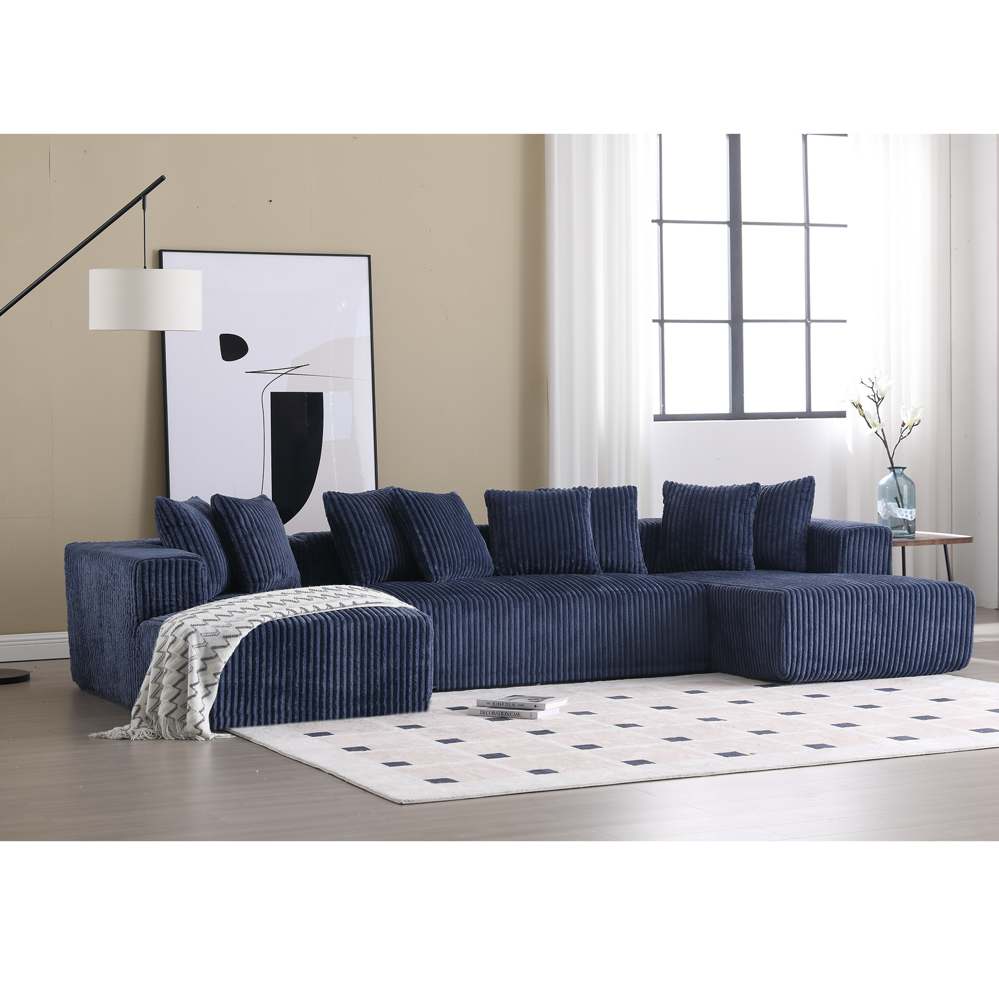 Arrived 131'' Modular Sectional Couch, U Shaped Sofachaise Lounge, Striped Fabric,Upholstered 4 Seater Couch For Living Room, Bedroom, Free Combination Sofa Corduroy , Blue Blue Polyester Primary Living Space Soft Modern Square Arms Foam Upholstered 4