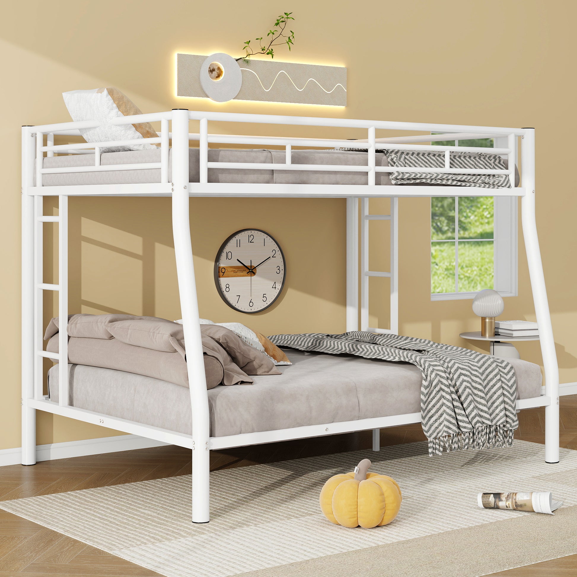 Full Xl Over Queen Metal Bunk Bed With Ladder And Guardrails, White Box Spring Not Required Full Xl White Metal Metal