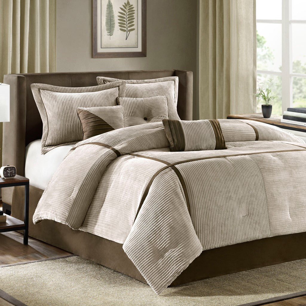 7 Piece Micro Corduroy Comforter Set Taupe King King Taupe Polyester