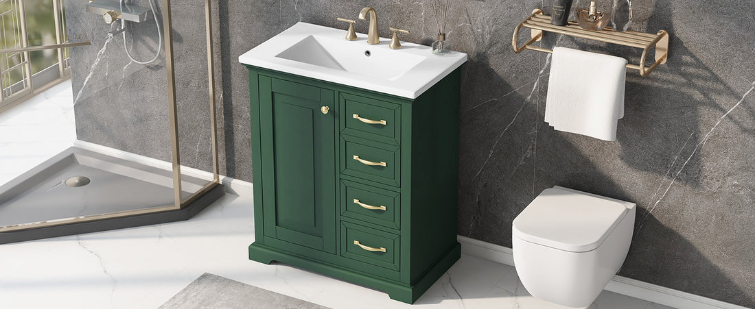 30" Bathroom Vanity With Sink, One Package, Green Bathroom Cabinet With Drawers, Solid Frame And Mdf Board Green Solid Wood Mdf