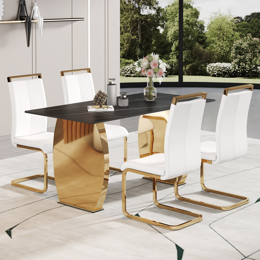 Table And Chair Set,Modern Rectangular Table With 0.4 Inch Black Patterned Tabletop And Gold Legs, Suitable For Kitchen, Dining Room, And Living Roomcomfortable Pu Seats,Perfect For Dinner, Meet White Black Seats 4 Sintered Stone