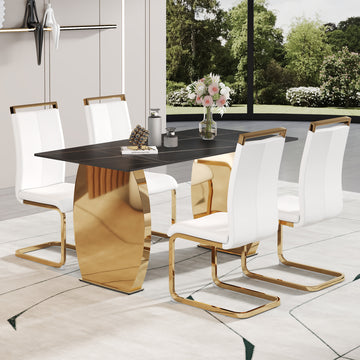 Table And Chair Set,Modern Rectangular Table With 0.4 Inch Black Patterned Tabletop And Gold Legs, Suitable For Kitchen, Dining Room, And Living Roomcomfortable Pu Seats,Perfect For Dinner, Meet White Black Seats 4 Sintered Stone