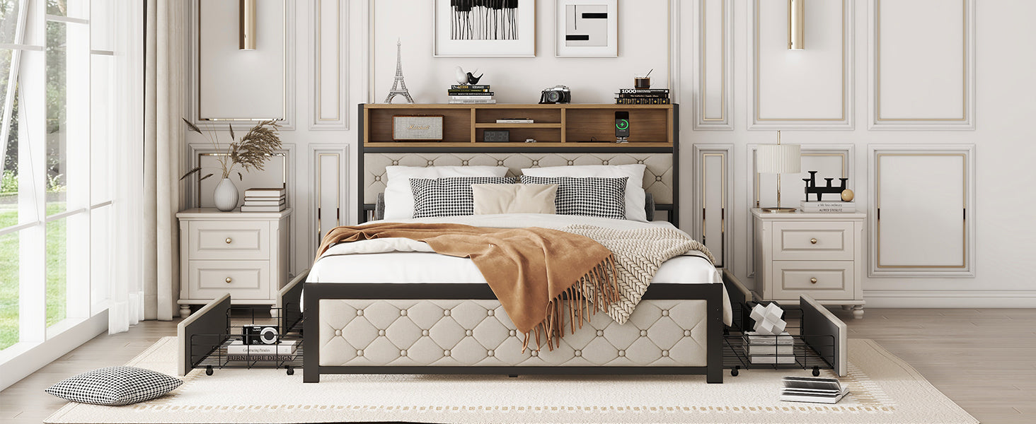Metal Queen Size Platform Bed With 4 Drawers, Upholstered Headboard And Footboard, Sockets And Usb Ports, Beige Queen Beige Black Fabric Metal