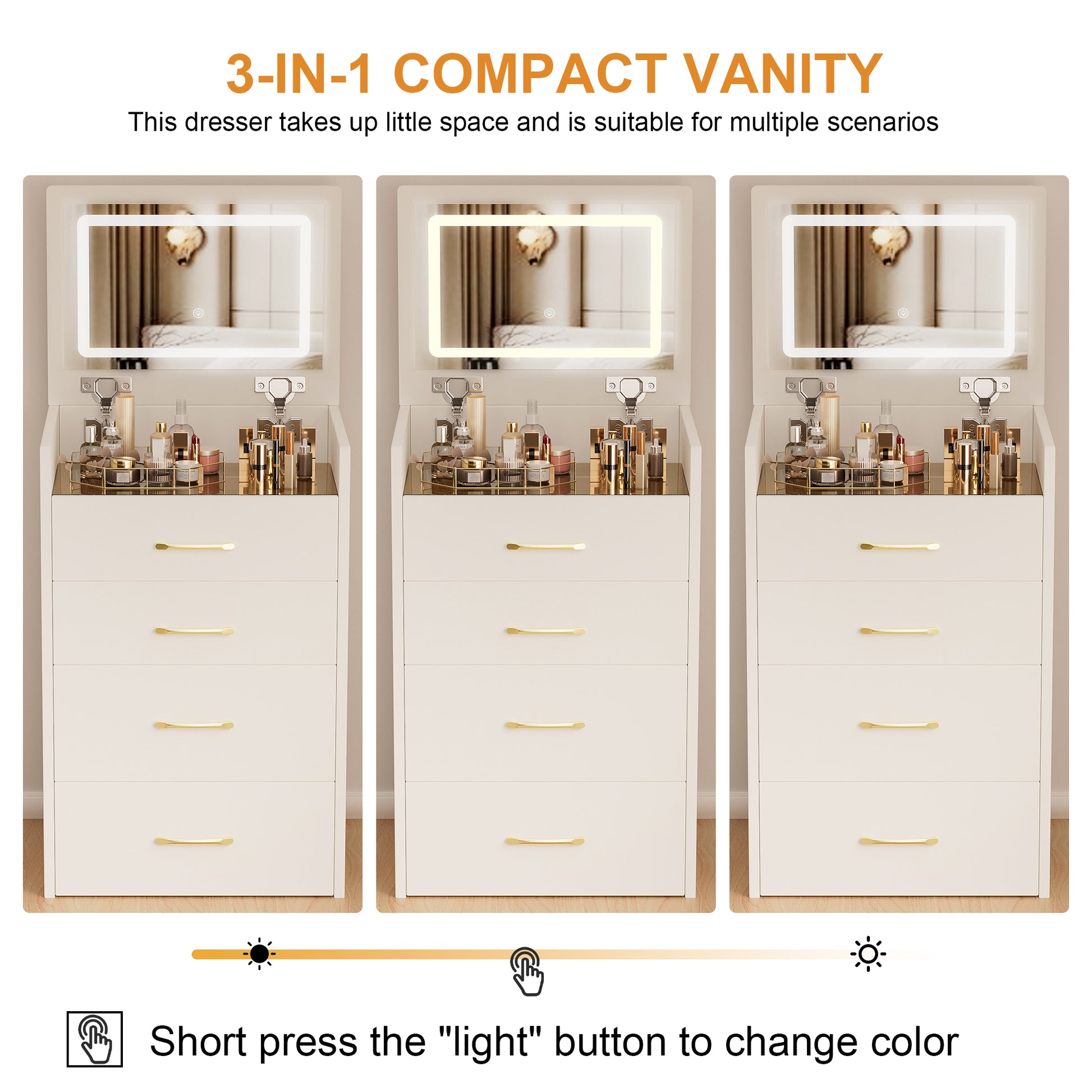 3 In 1 Vanity Desk With Open Top Mirror,Small Make Up Vanity Set With Visible Glass Desktop,Compact Makeup Vanity With 3 Drawers,Dressing Table For Bedroom White White Drawer 3 Drawers Bedroom Ball