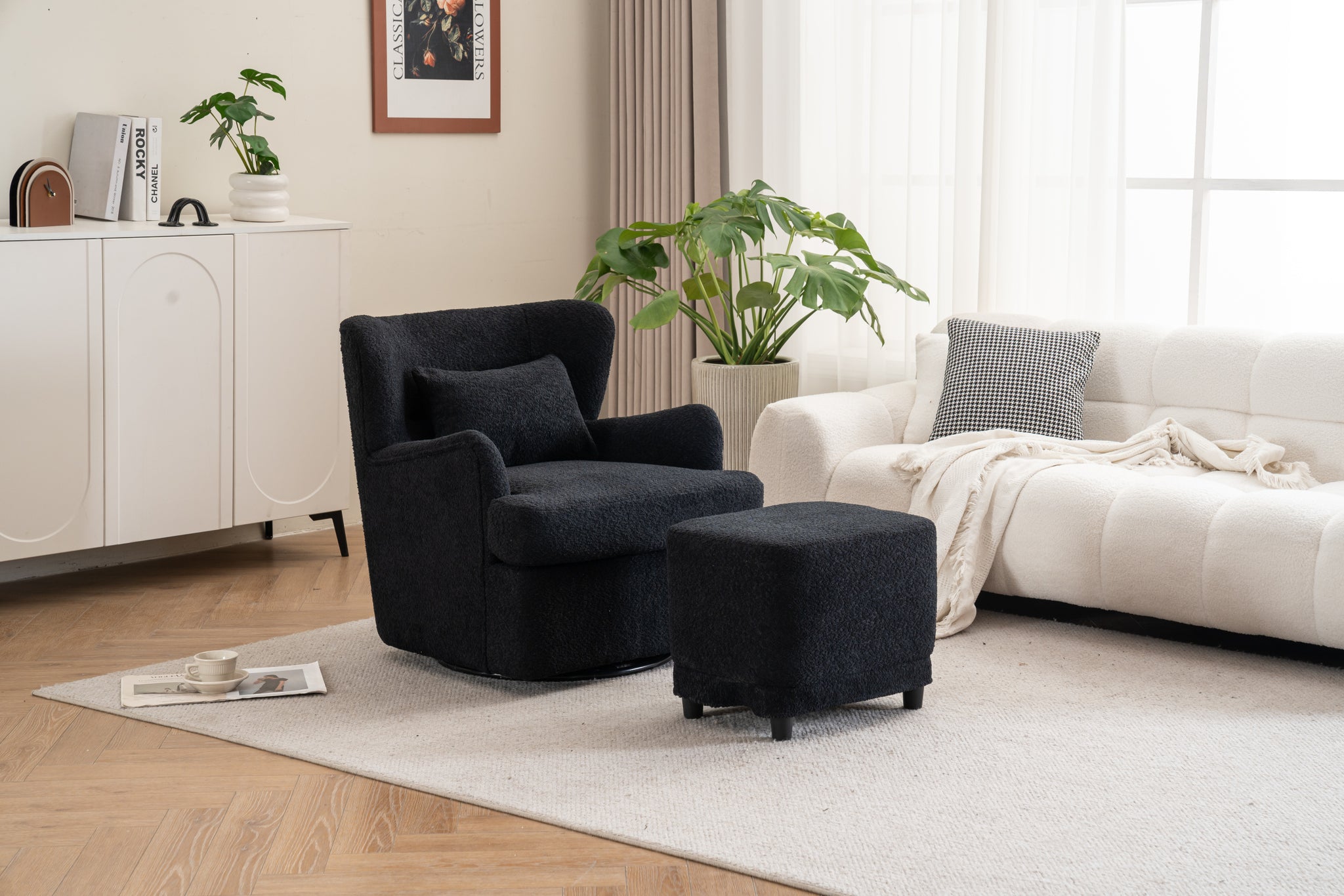 Modern Luxury Velvet Swivel Chair, 360 Swivel Comfort Round Armchair, Single Sofa Chair With Lounge Seat For Bedroom Office Reading Space, Set Of 1 ,Black Black Wood