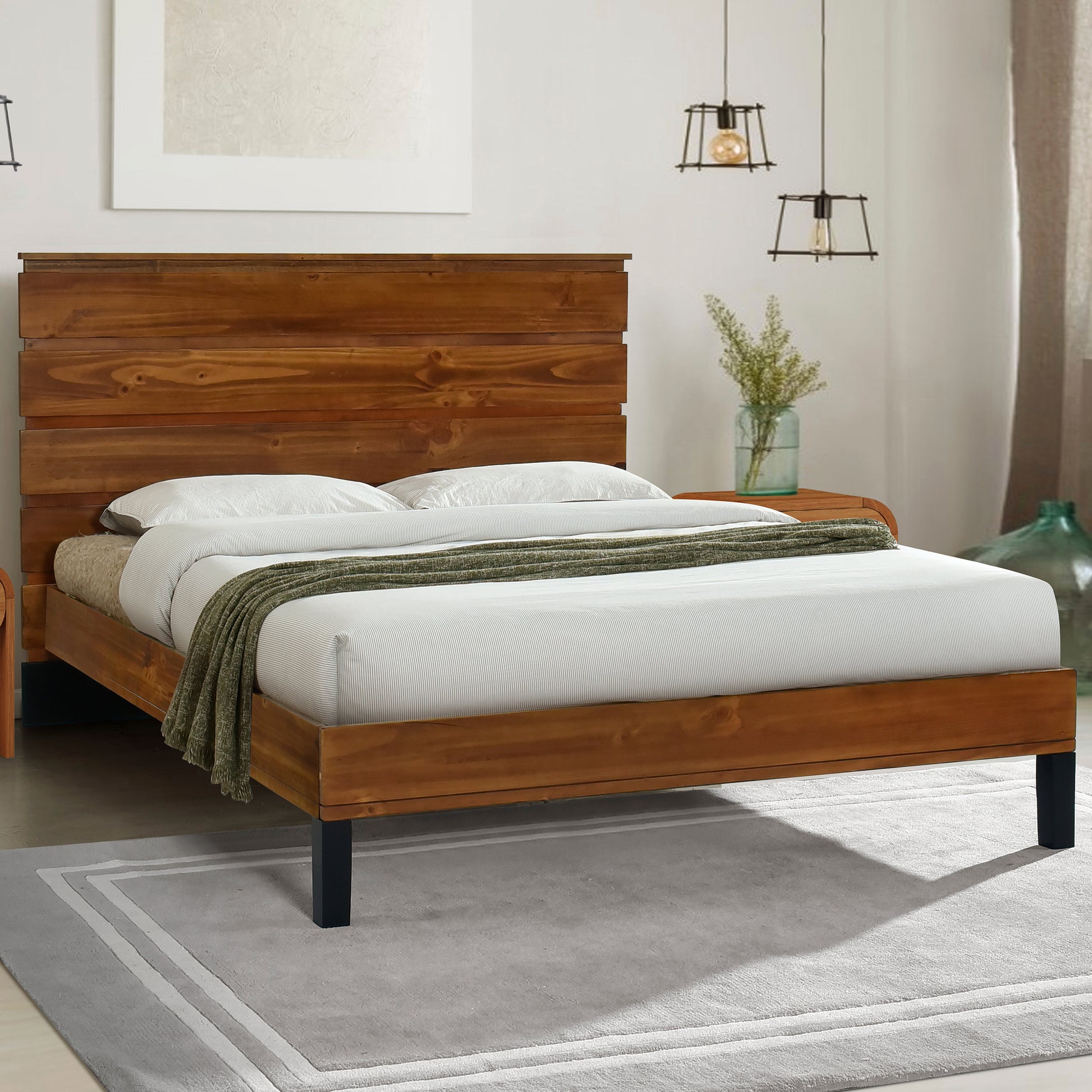 Mid Century Modern Solid Wood Bed Frame King Size Platform Bed With Six Piece Headboard Design, No Box Spring Needed, Brown King Brown Pine