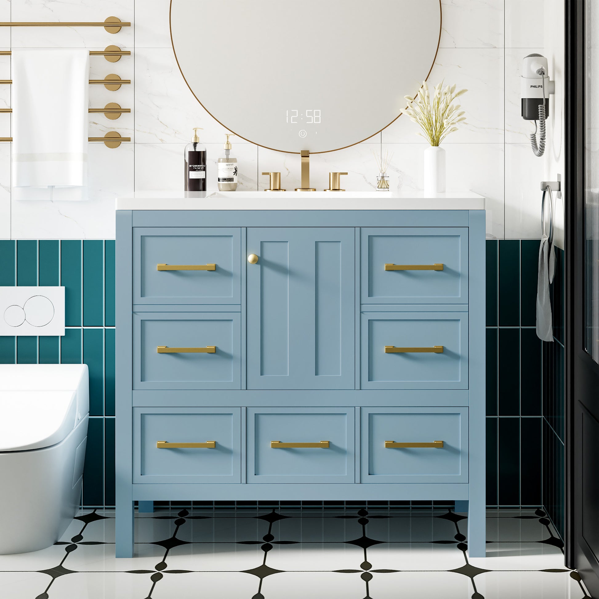 36'' Bathroom Vanity With Resin Sink Combo, Solid Wood Frame Bathroom Storage Cabinet, Freestanding Vanity Set With 5 Drawers& Soft Closing Doors Same As N710S136002M Blue Bathroom Solid Wood Mdf Resin