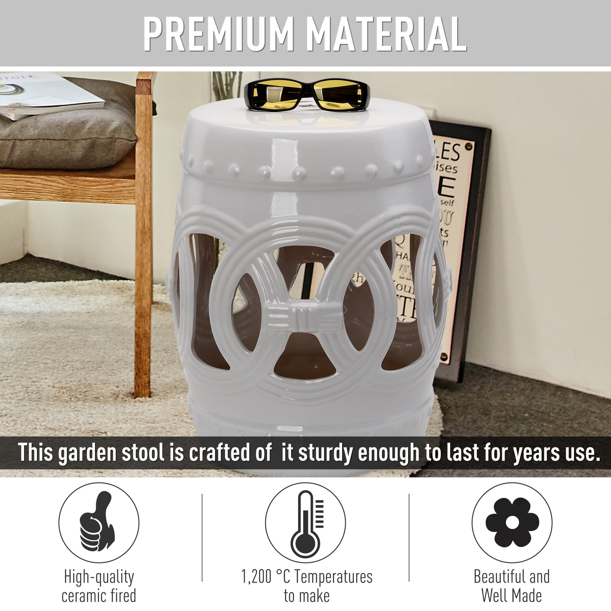 Outsunny 14" X 17" Ceramic Garden Stool With Double Coin Knotted Ring Design & Strong Glazed Material, Decorative End Table, Home Collection, White White Porcelain