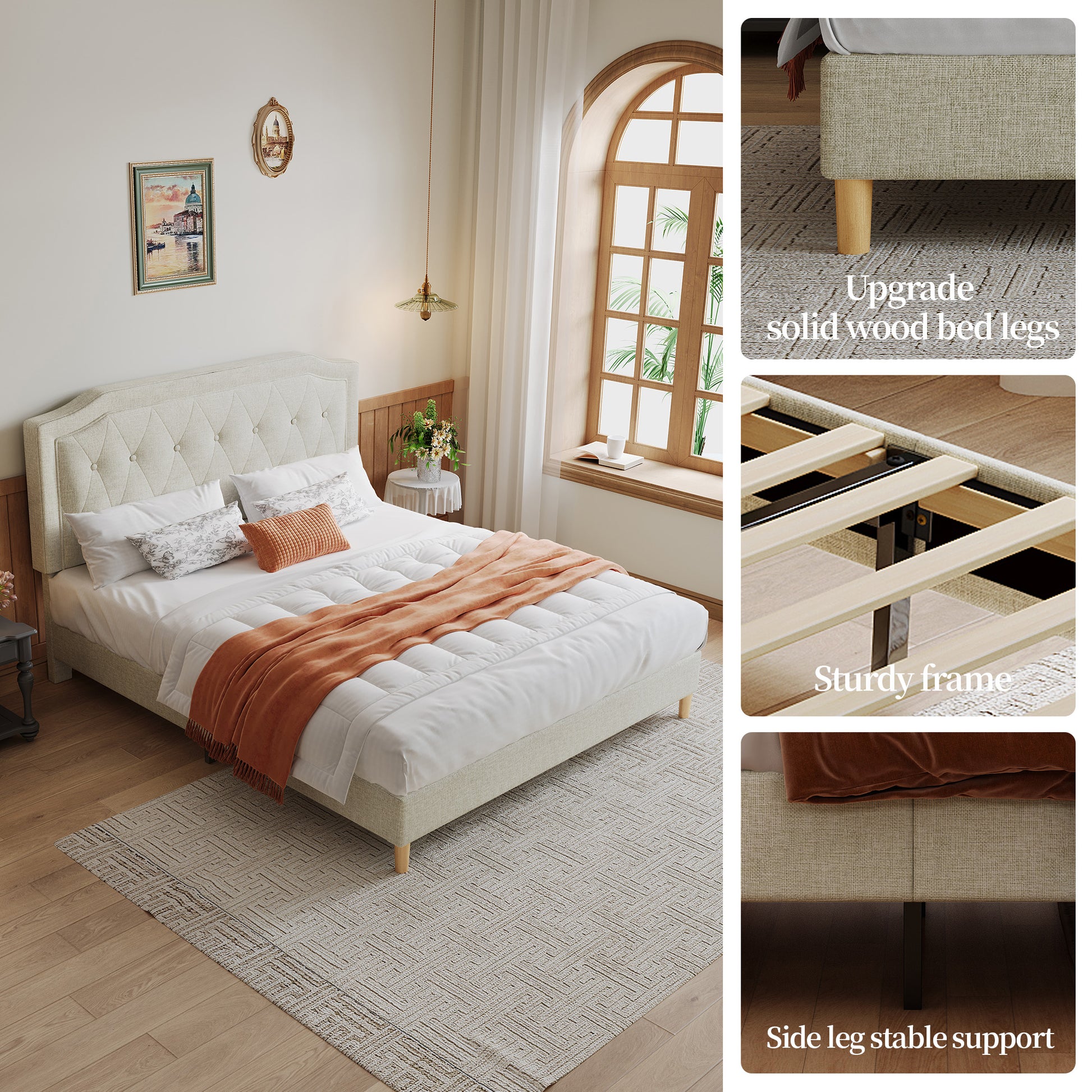 Queen Size, Cotton Linen Fabric, Mesh Mounted Bed, Stable, Easy To Assemble, Light Grey Queen Light Gray Mdf Acacia