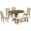 Farmhouse 6 Piece 60Inch Extendable Pedestal Dining Table Set With 18Inch Removable Leaf, 44Inch Bench And 4 Ladder Back Dining Chairs, Dark Brown Wood Dining Room Solid Wood Rubberwood Oval Dining Table With Bench Wood Wood Dark Brown Ladder Back Seats