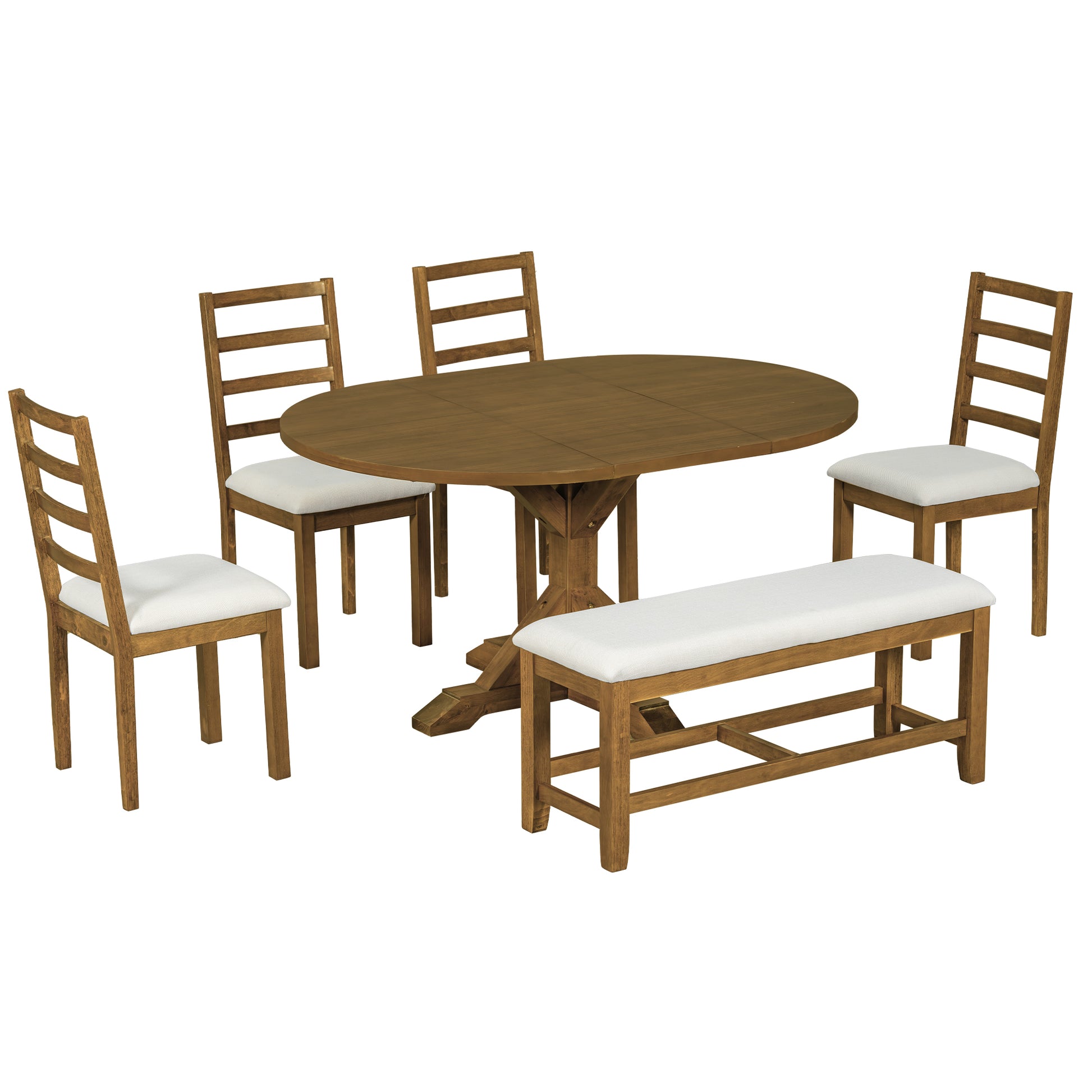 Farmhouse 6 Piece 60Inch Extendable Pedestal Dining Table Set With 18Inch Removable Leaf, 44Inch Bench And 4 Ladder Back Dining Chairs, Dark Brown Wood Dining Room Solid Wood Rubberwood Oval Dining Table With Bench Wood Wood Dark Brown Ladder Back Seats
