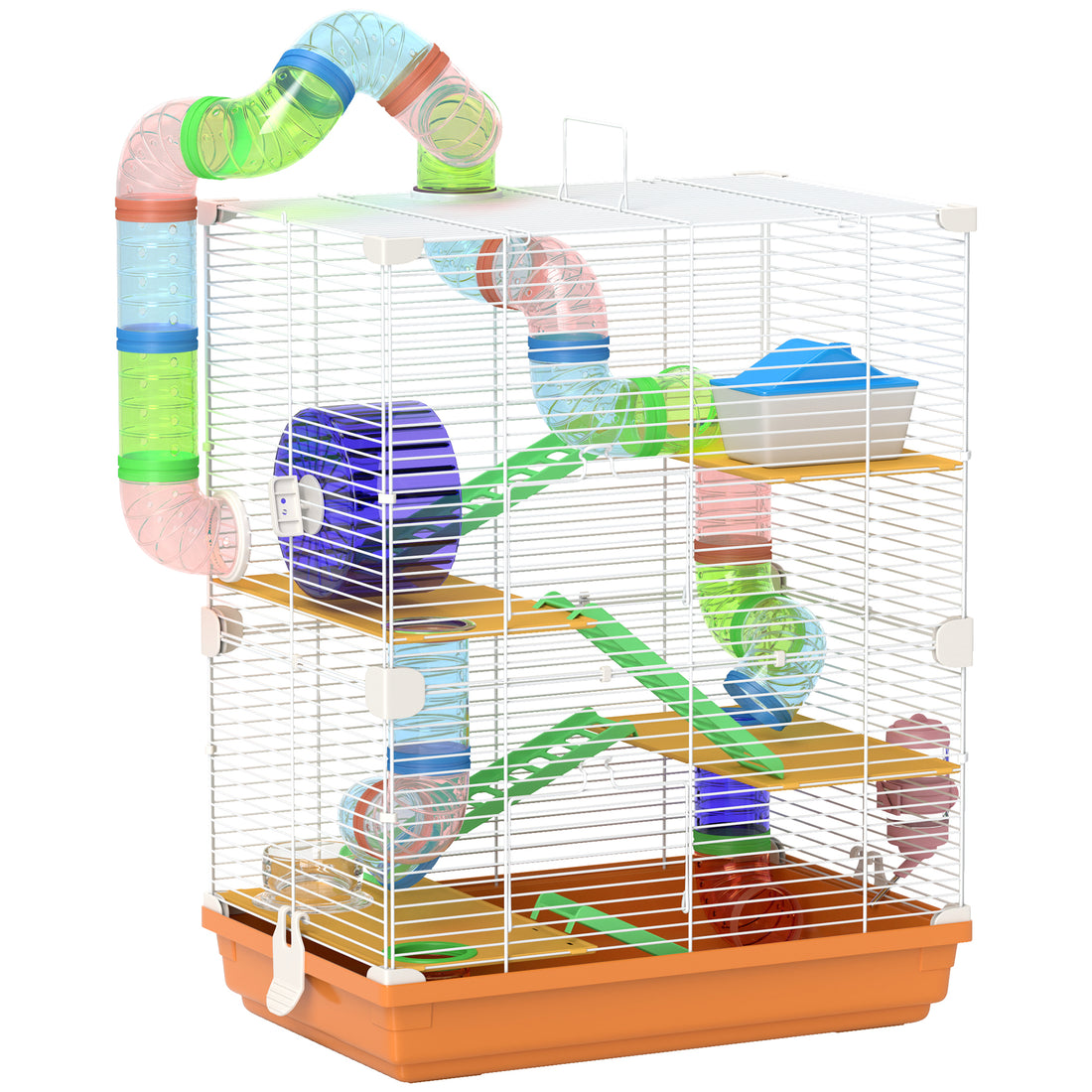 Pawhut 18" 5 Tier Hamster Cage With Tubes And Tunnels, Small Animal Cage With Portable Carry Handle, Gerbil Cage With Water Bottle, Food Dish, Exercise Wheel, Orange Orange Metal