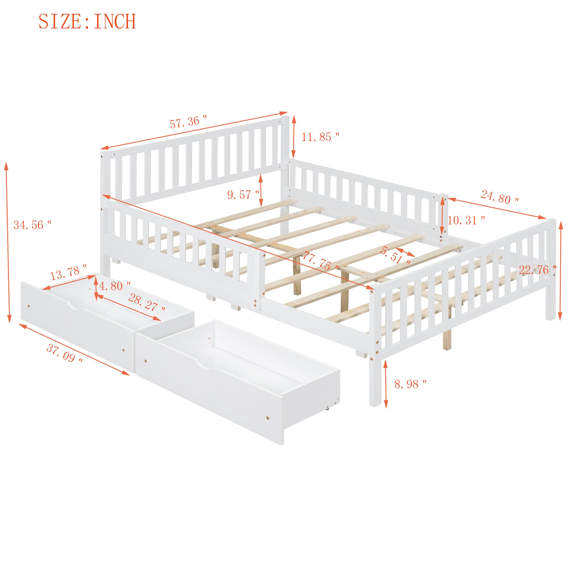 Full Size Wood Platform Bed With Guardrails On Both Sides And Two Storage Drawers ,White Full White Wood