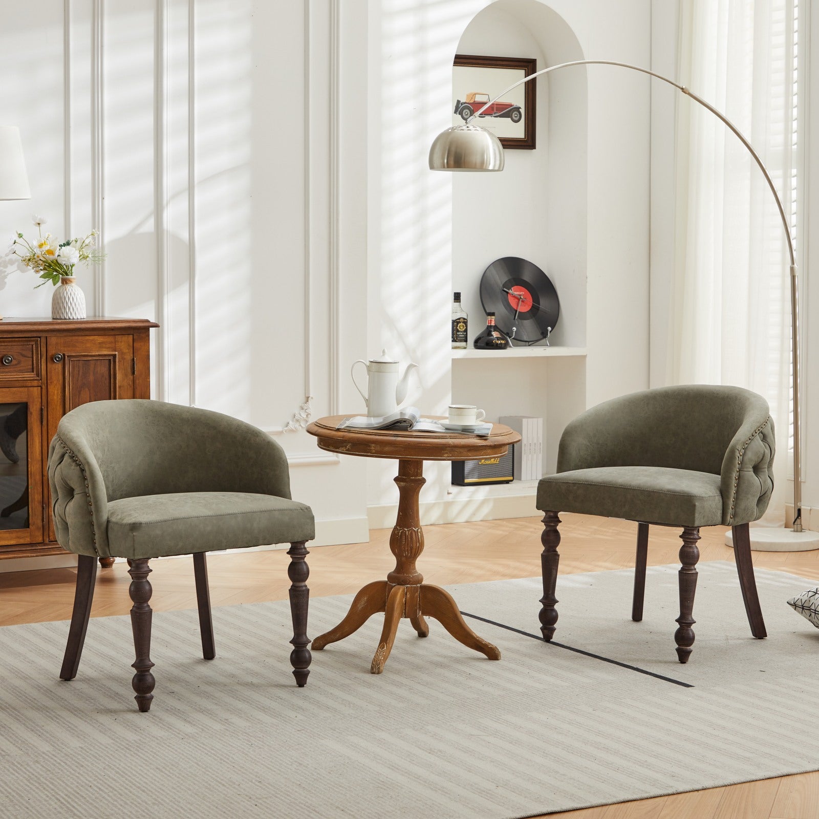 Hand Pulled Buckle Decoration Pu Dining Chair,Accent Leisure Chair, Mid Century Modern Arm Chair With Solid Wood Armrests And Legs, 1 Seat Cushioned Sofa For Living Room Bedroom,Olive Green Color Olive Green Primary Living Space American Design