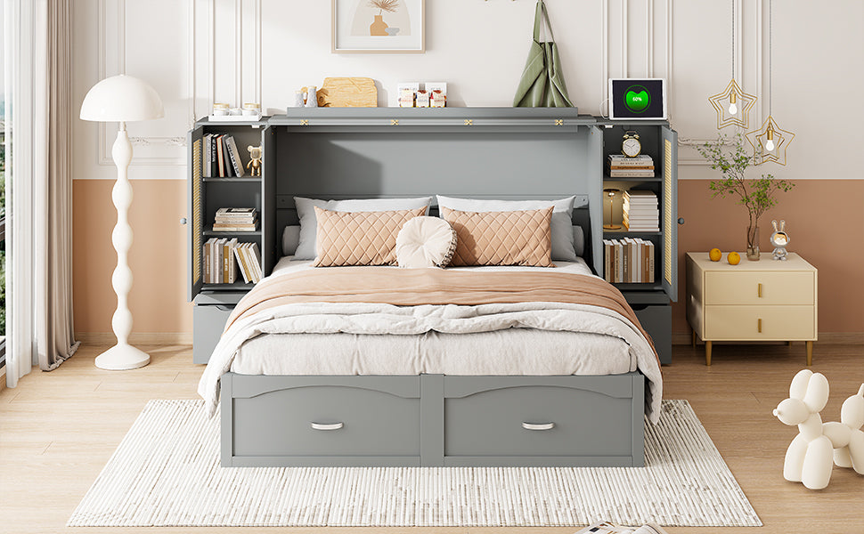 Queen Size Murphy Bed Wall Bed With Drawer And Rattan Decoration With 2 Storage Cabinets, One Set Of Sockets & Usb Ports, Pulley Structure Design, Gray Queen Gray Plywood