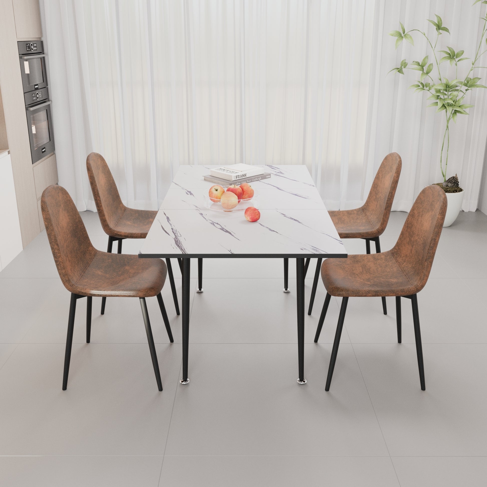 Scalable Mdf Modern Dining Table And Chair Set, Suitable For 2 6 People, White Dining Table And Modern Brown Round Dining Chair 4 Piece Set, Medieval Dining Table Set, Metal Base And Suede Chair Brown White Mdf