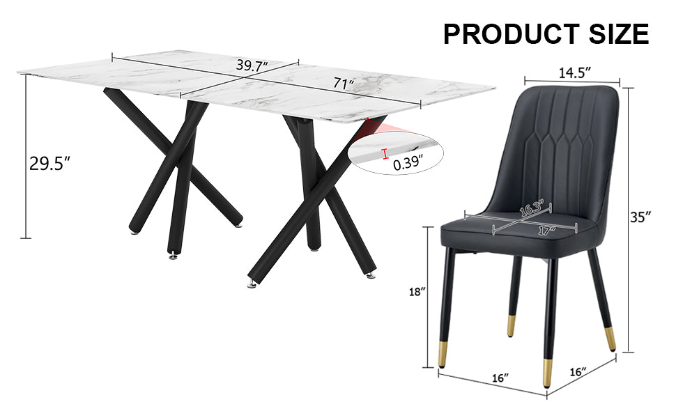 1 Table And 8 Chairs. A Rectangular Dining Table With A White Imitation Marble Tabletop And Black Metal Legs. Paired With 8 Chairs, Equipped With Pu Leather Seat Cushions And Black Metal Legs. F 1538 Black Glass Metal