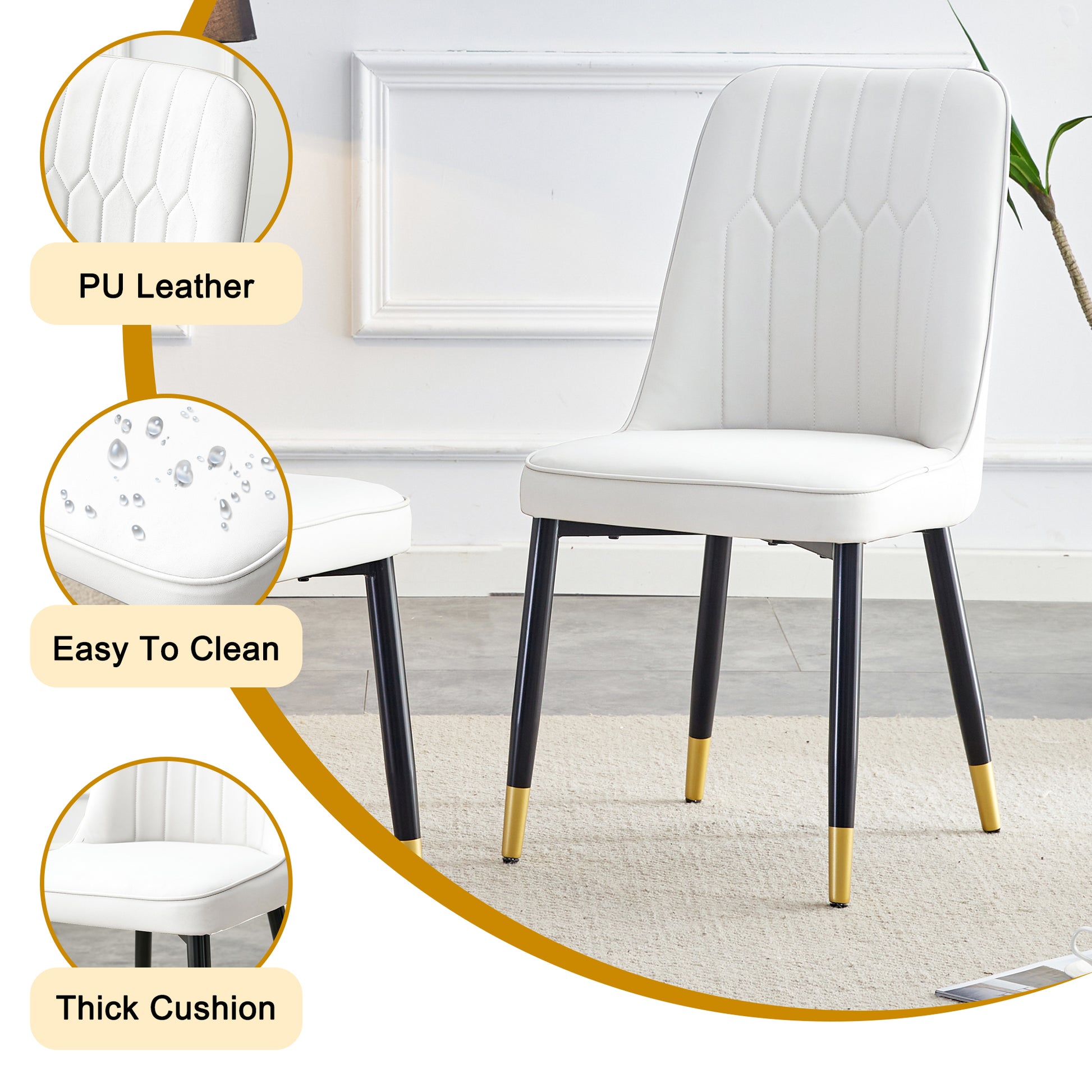 Table And Chair Set.Modern Rectangular Dining Table With Black Textured Stickers Glass Tabletop And Gold Plated Metal Legs.Paried With 6 Comfortable Chairs With Pu Seats And Black Metal Legs. Black Gold,White Seats 6 Glass Metal
