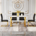 Table And Chair Set, Rock Plate Table Top, Gold Metal Table Legs, Stable And Beautiful, Suitable For Most Home Styles. Modern Simple Dining Table, Comfortable Seating. Gold Black Seats 4 Sintered Stone