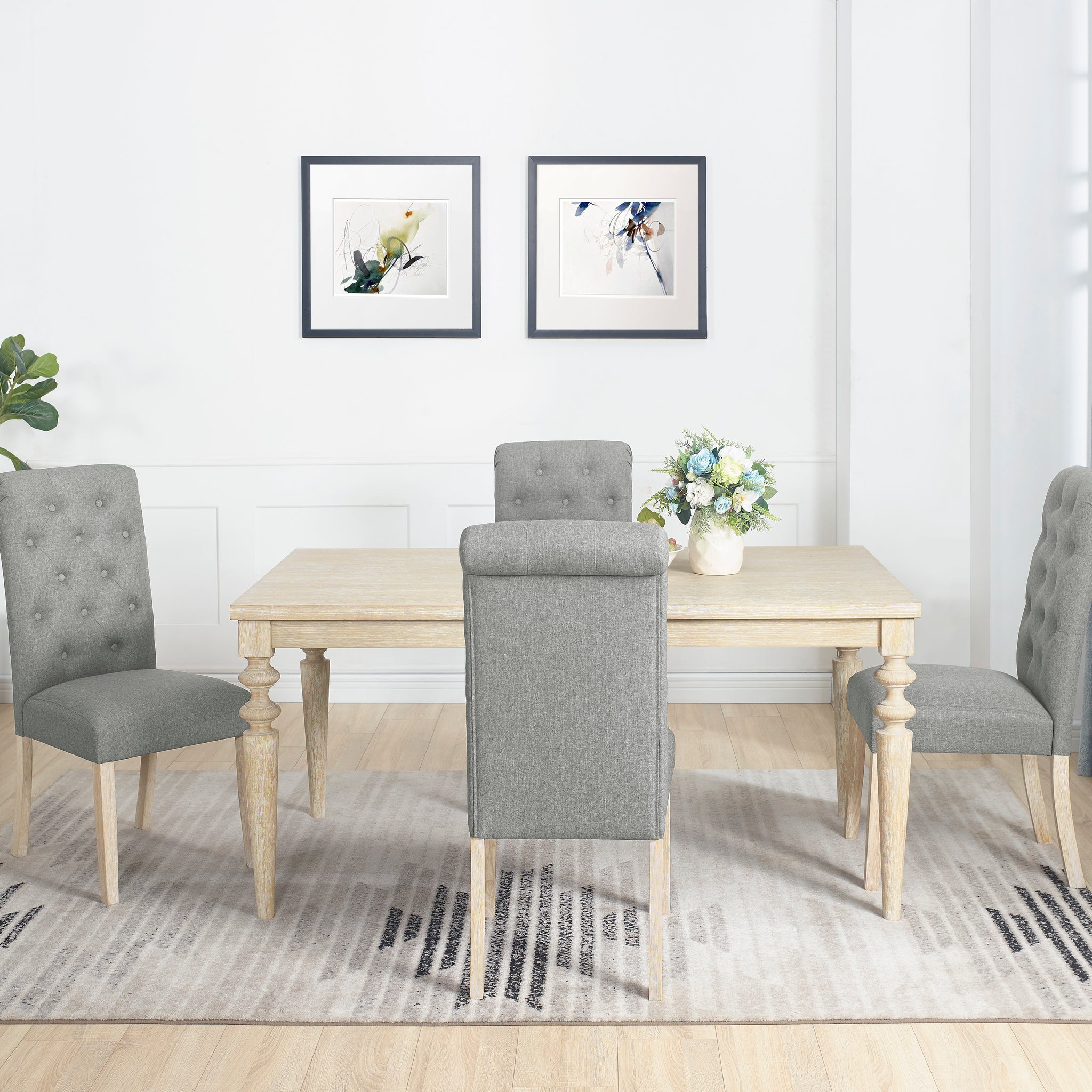 Amonia 5 Piece Dining Set, Turned Leg Dining Table With 4 Tufted Chairs Light Brown Wood Dining Room Fixed Table Rubberwood Rectangular Dining Table With Chair Wood Wood Beige Brown Seats 4 Rectangular 4 Leg Mdf