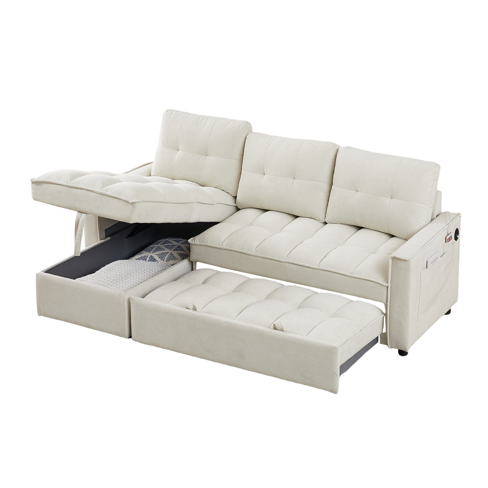 Mh 78.75" Reclining Sofa, Pull Out Sofa Bed With Usb And Tape C Charging Ports, L Shaped Sectional Sofa With Reclining Storage And Arm Side Organizer Pocket Features, Living Room Comfort Sofa Beige