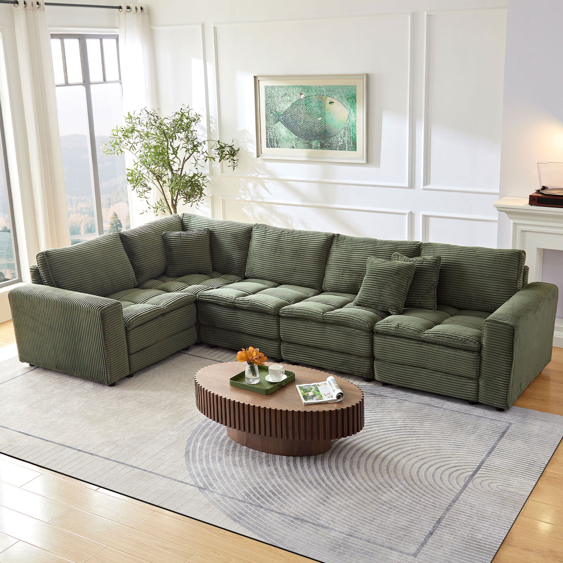 5 Seats,Oversized Sectional Sofa,L Shaped Corner Couch With Detachable Seat & Back Cushion, Corduroy Upholstery Convertible Sleeper Sofa&Couch For Living Room Green Fabric 5 Seat