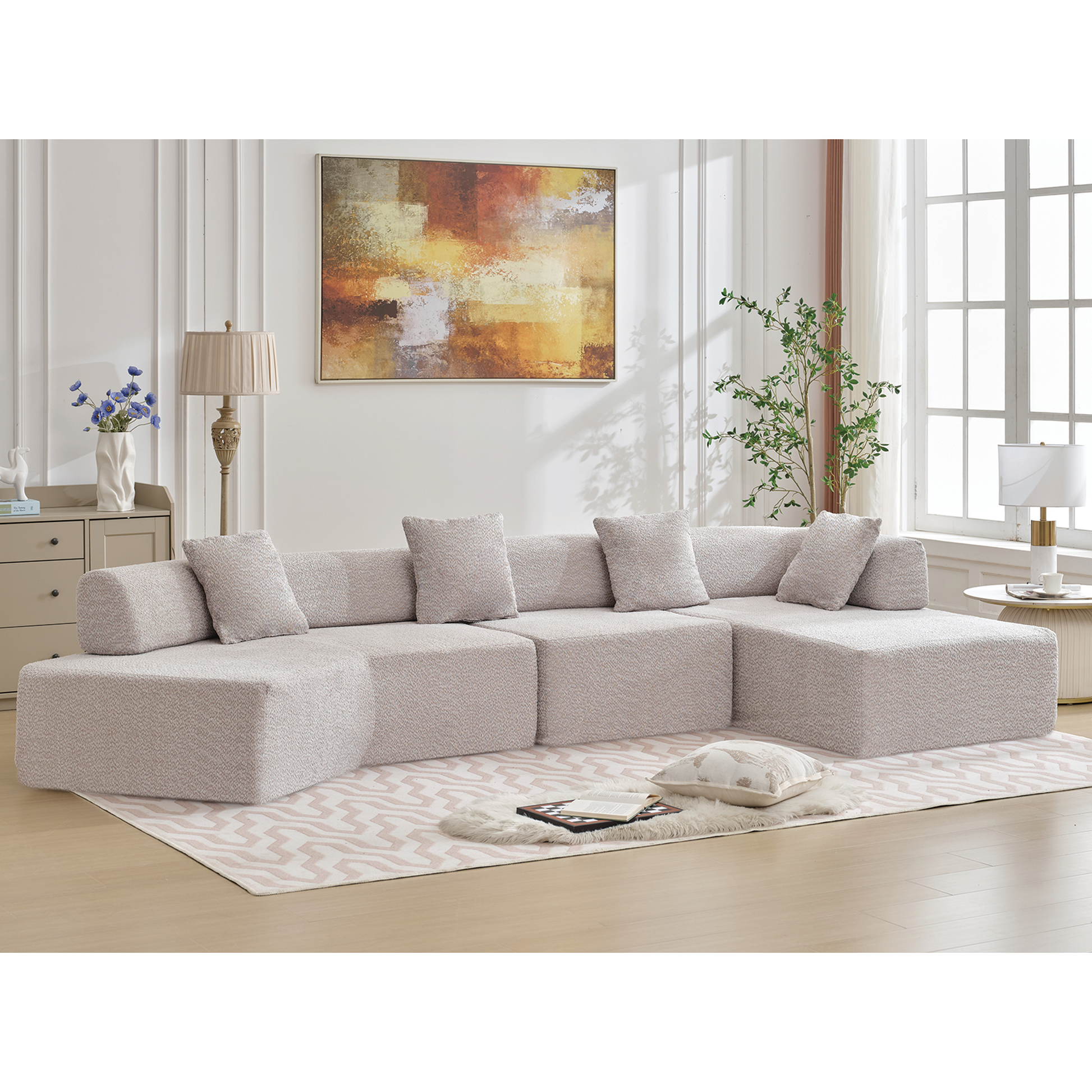 Arrived Modern Minimalist 140" L Shape Couch ,No Assembly Required,Boucle,Modular Sofa ,Couch With Chaise,Free Combination Foam Filled Sofa, 4 Seats, Gray Gray Polyester Primary Living Space Soft Modern Foam Polyester 4 Seat