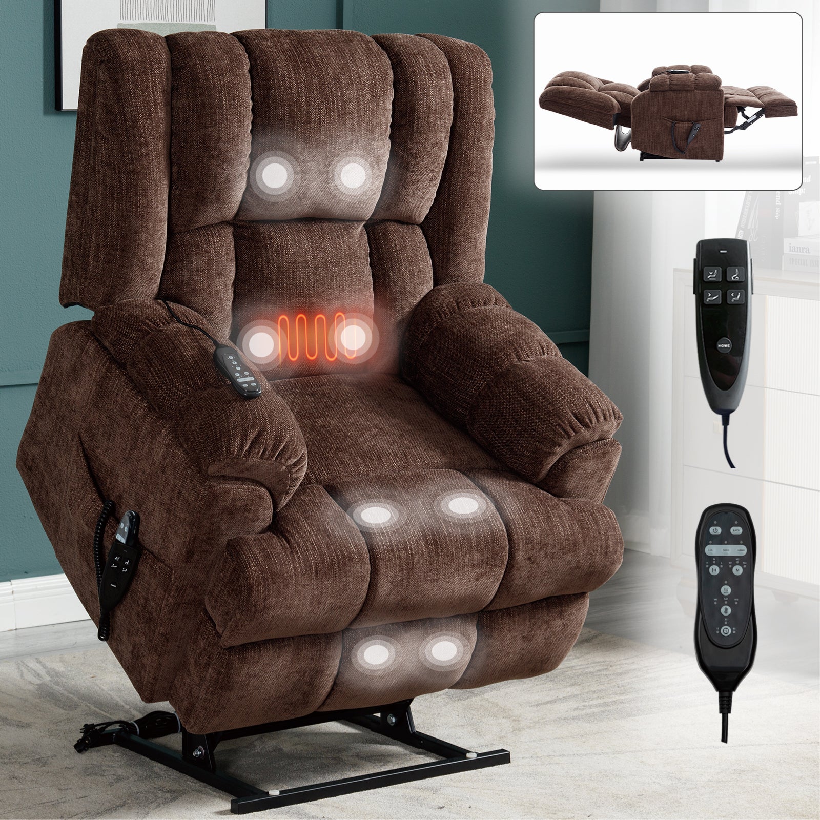 Dual Motor Heat Massage Infinite Position Up To 350 Lbs Electric Power Lift Recliners With Power Remote, Medium Firm And Heavy Duty, Brown White Metal Primary Living Space Heavy Duty Pine Brown Chenille Power Remote Medium Firm Cushion Back American
