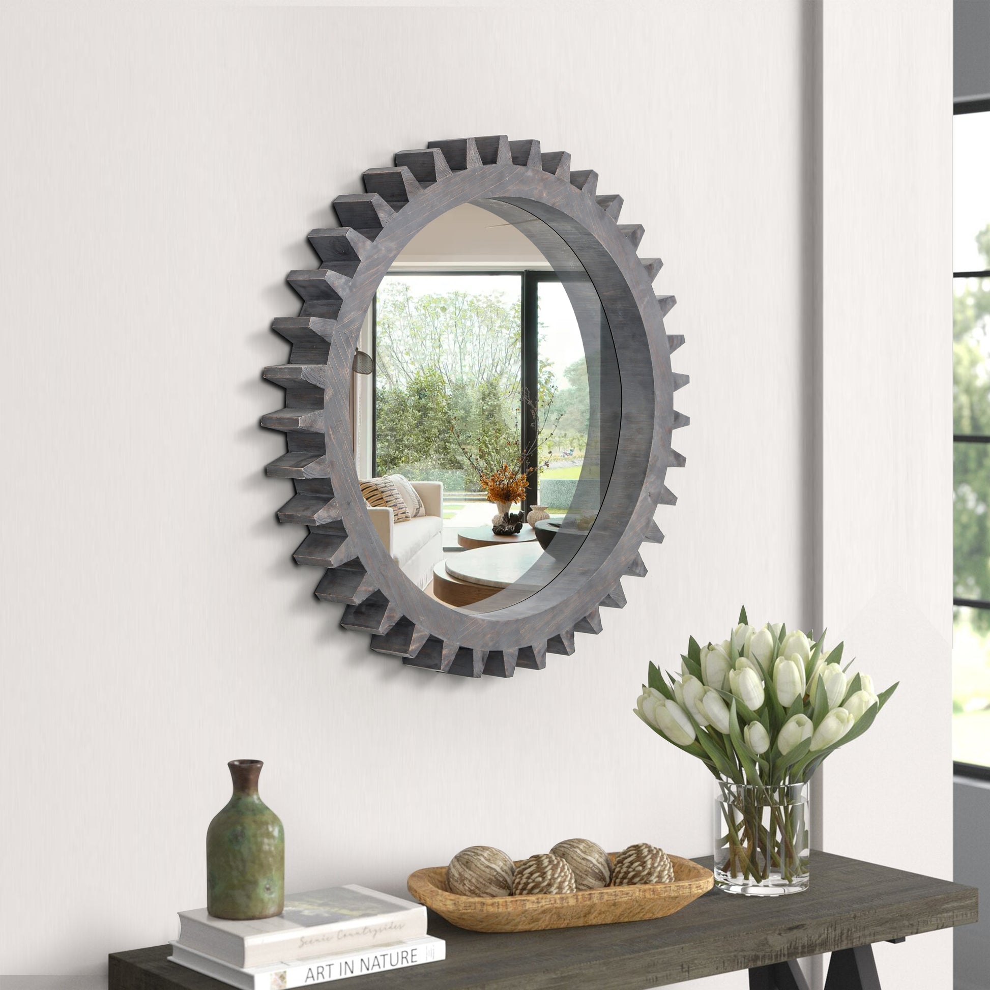 Vintage 17'' X 17'' Wood Round Hanging Gear Shape Decorative Mirror Patchwork Effect With Large Size Mirrors Individually On Art Walls,Sold Individually Antique Dark Brown Dark Brown American Design Mdf Glass Mirror