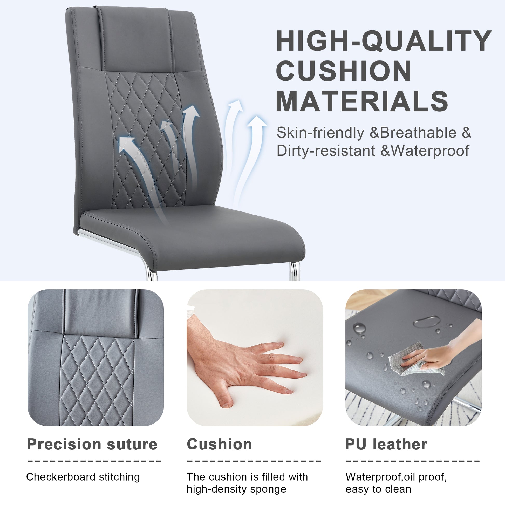 Table And Chair Set.Large Minimalist Rectangular Glass Dining Table For 6 8 With 0.39" Tempered Glass Tabletop And Silver Chrome Metal Legs.Paried With Comfortable Chairs With Pu Seats And Metal Legs. Silver Seats 8 Glass Metal