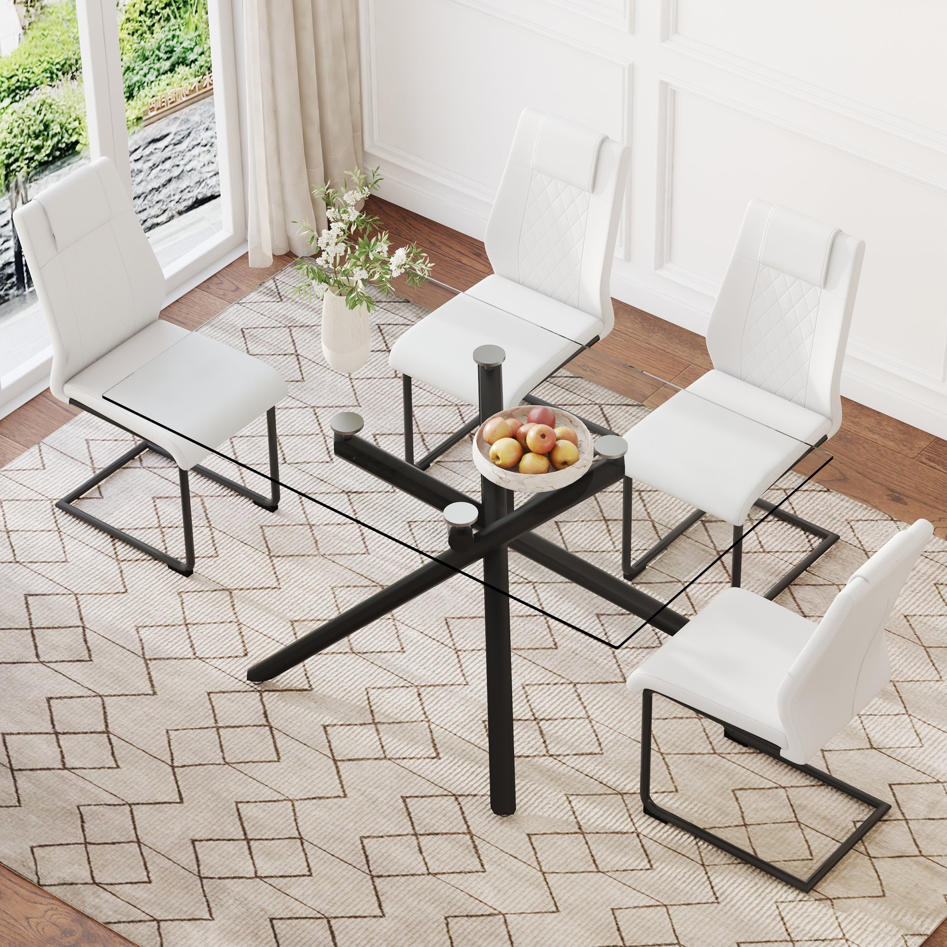 Table And Chair Set.Modern Rectangular Glass Dining Table With 0.39" Tempered Glass Tabletop And Black Metal Legs.Paired With Multiple Chairs Designed With Pu Cushions And Black Metal Legs. White Black Seats 4 Tempered Glass