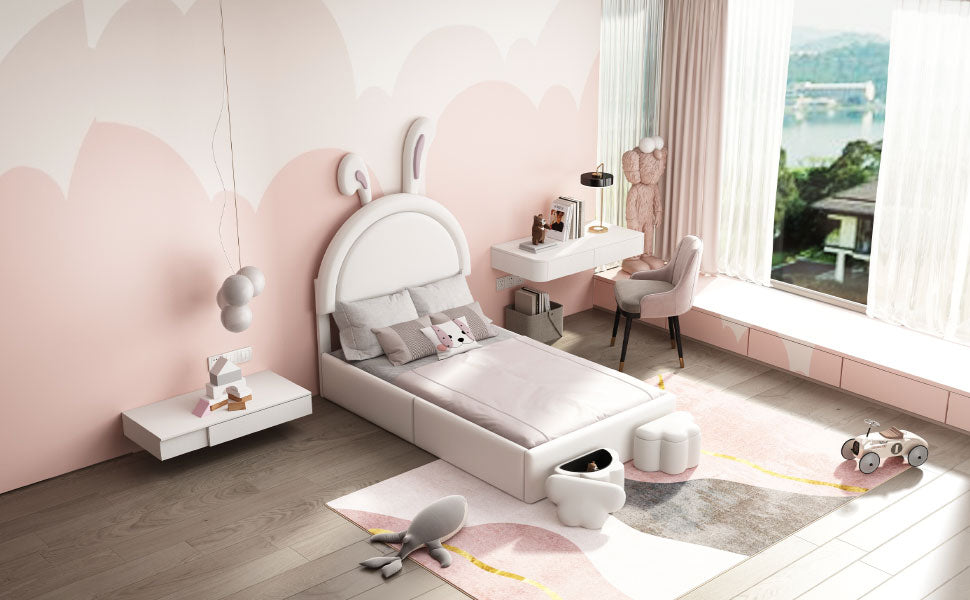 Twin Size Upholstered Rabbit Shape Bed With 2 Storage Stools, Velvet Platform Bed With Cartoon Ears Shaped Headboard, White Twin White Wood