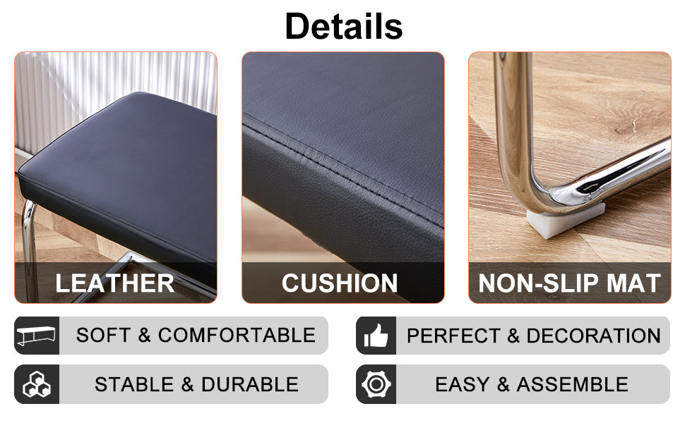 Table And Chair Set. Large Modern Rectangular Table With White Textured Top And Silver Metal Legs. Soft And Comfortable Pu Seats, Faux Leather Upholstered Seats And Sturdy Metal Legs. White Black Mdf Metal