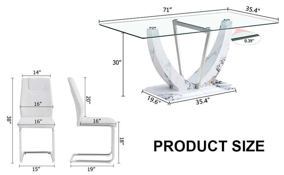 Table And Chair Set, Large Modern Rectangular Glass Table, Can Accommodate 6 8 People, Equipped With A 0.39 Inch Tempered Glass Tabletop And Mdf Table Legs.Paired With Comfortable And Soft Chairs. White Mdf Glass