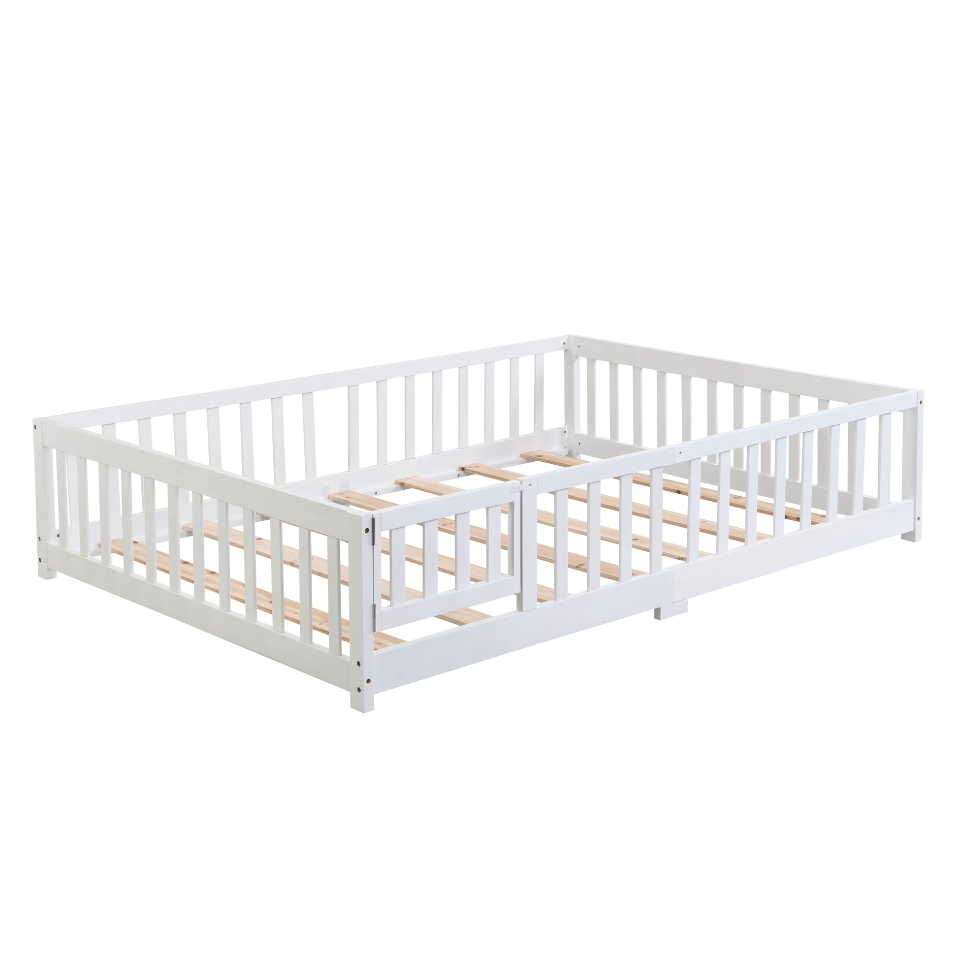 Full Size Floor Bed With Door,Solid Wood Platform Bed Frame With Fence,Suitable For Children,Pine Wood,White Full White Wood