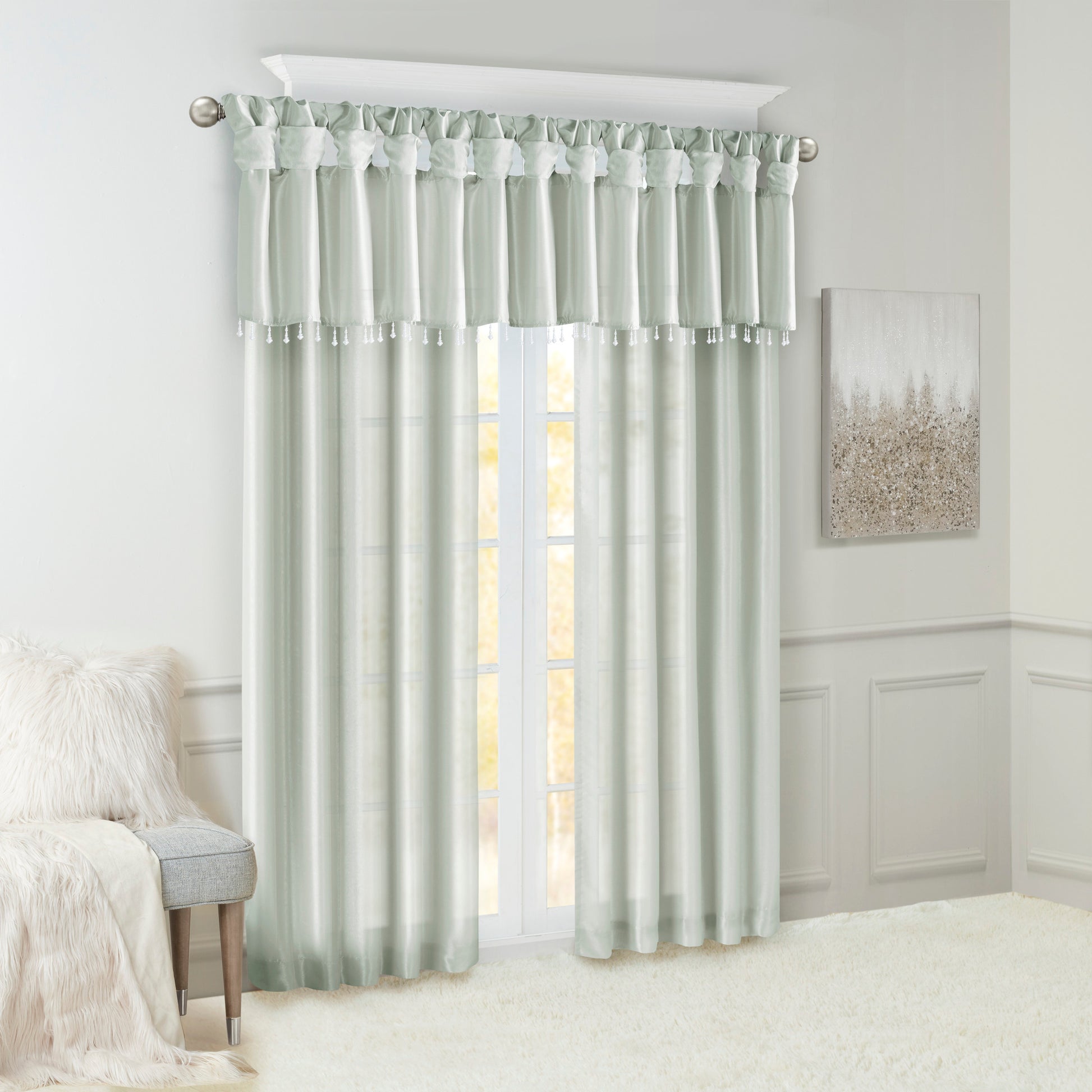 Lightweight Faux Silk Valance With Beads Dusty Aqua 50X26" Dusty Aqua Microfiber