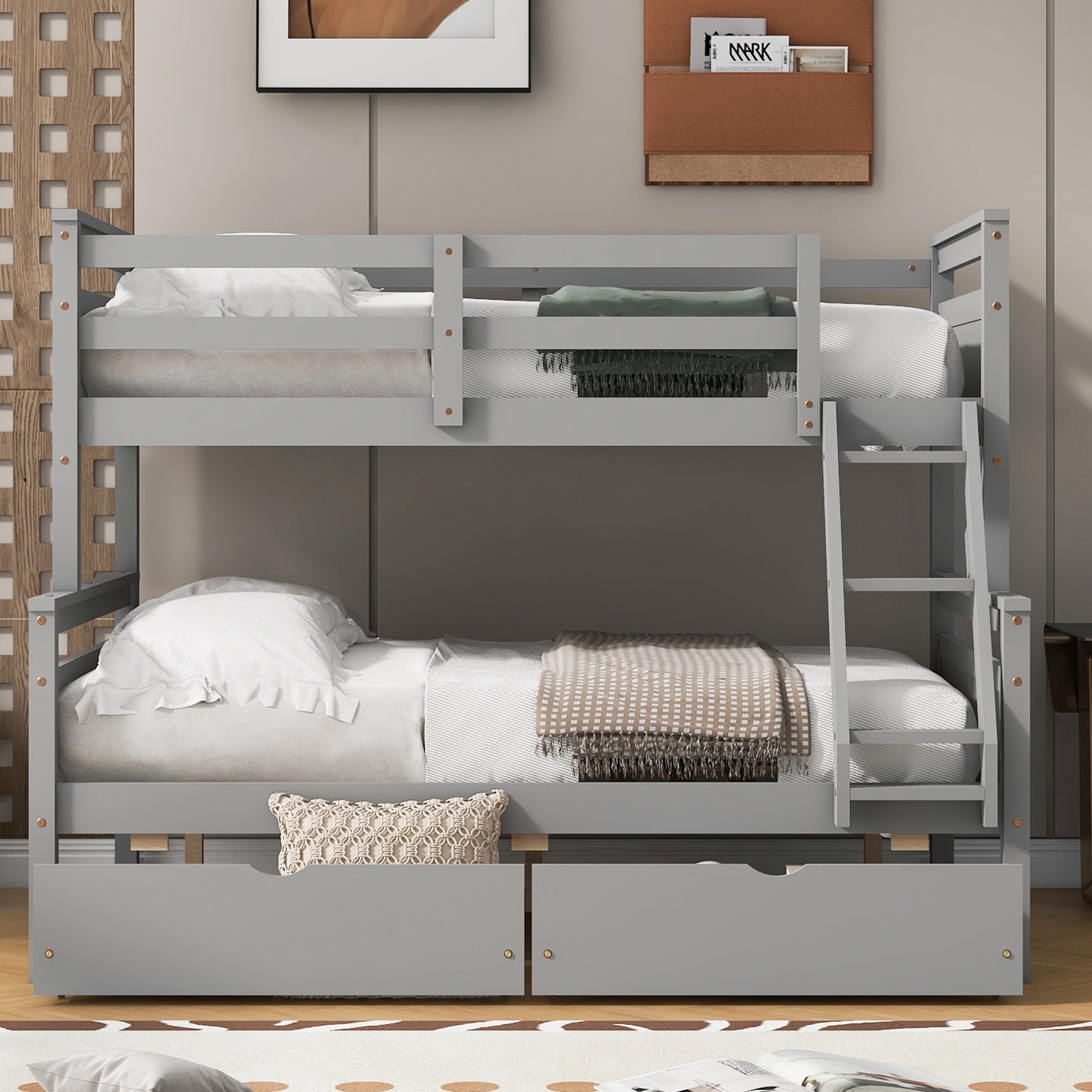 Twin Over Full Bunk Bed With Ladder, Two Storage Drawers, Safety Guardrail, Gray Box Spring Not Required Twin Gray Wood Bedroom Bunk Pine