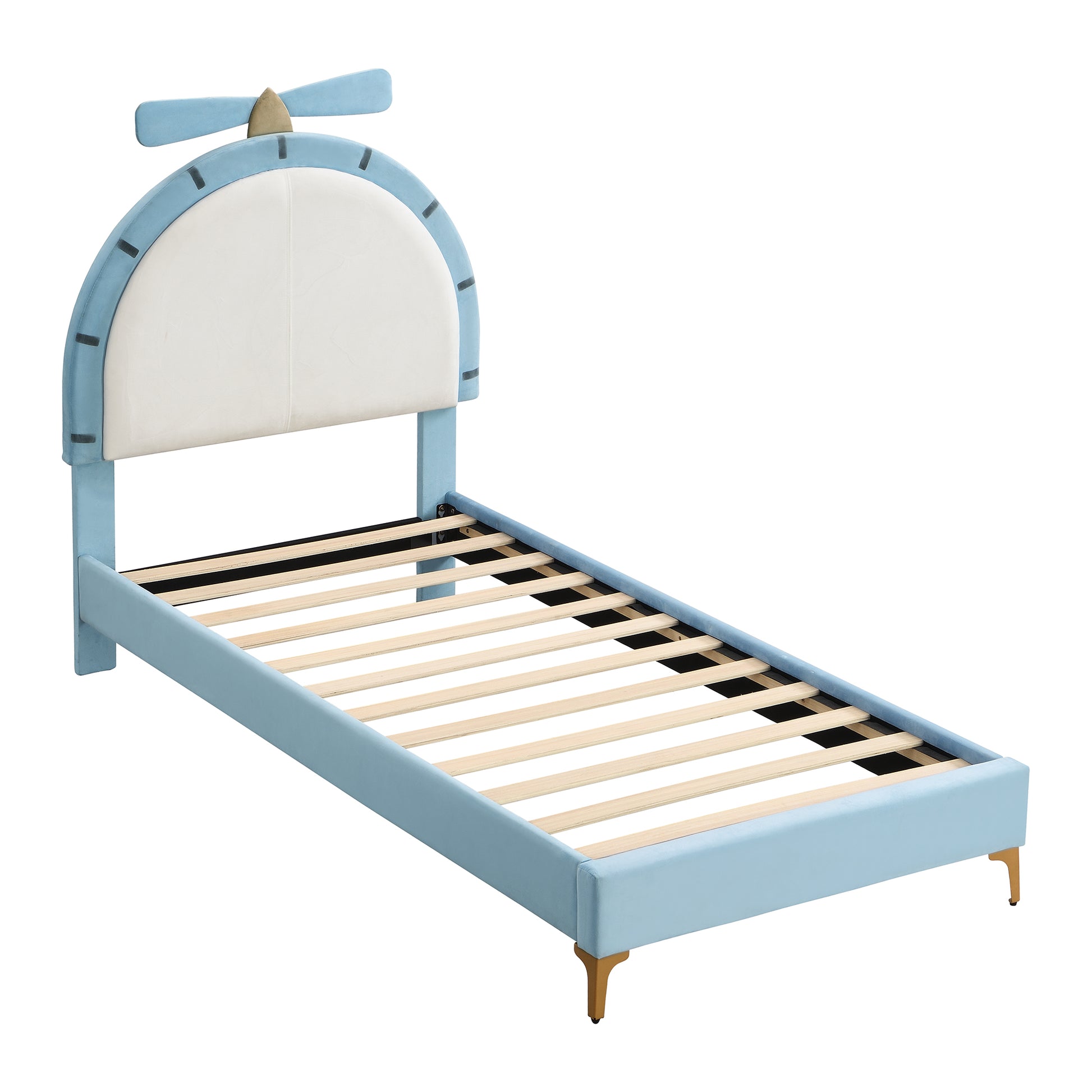 Twin Size Upholstered Platform Bed With Alarm Clock Shaped Headboard, Blue Box Spring Not Required Twin Blue Wood Bedroom Bed Frame Velvet Upholstered