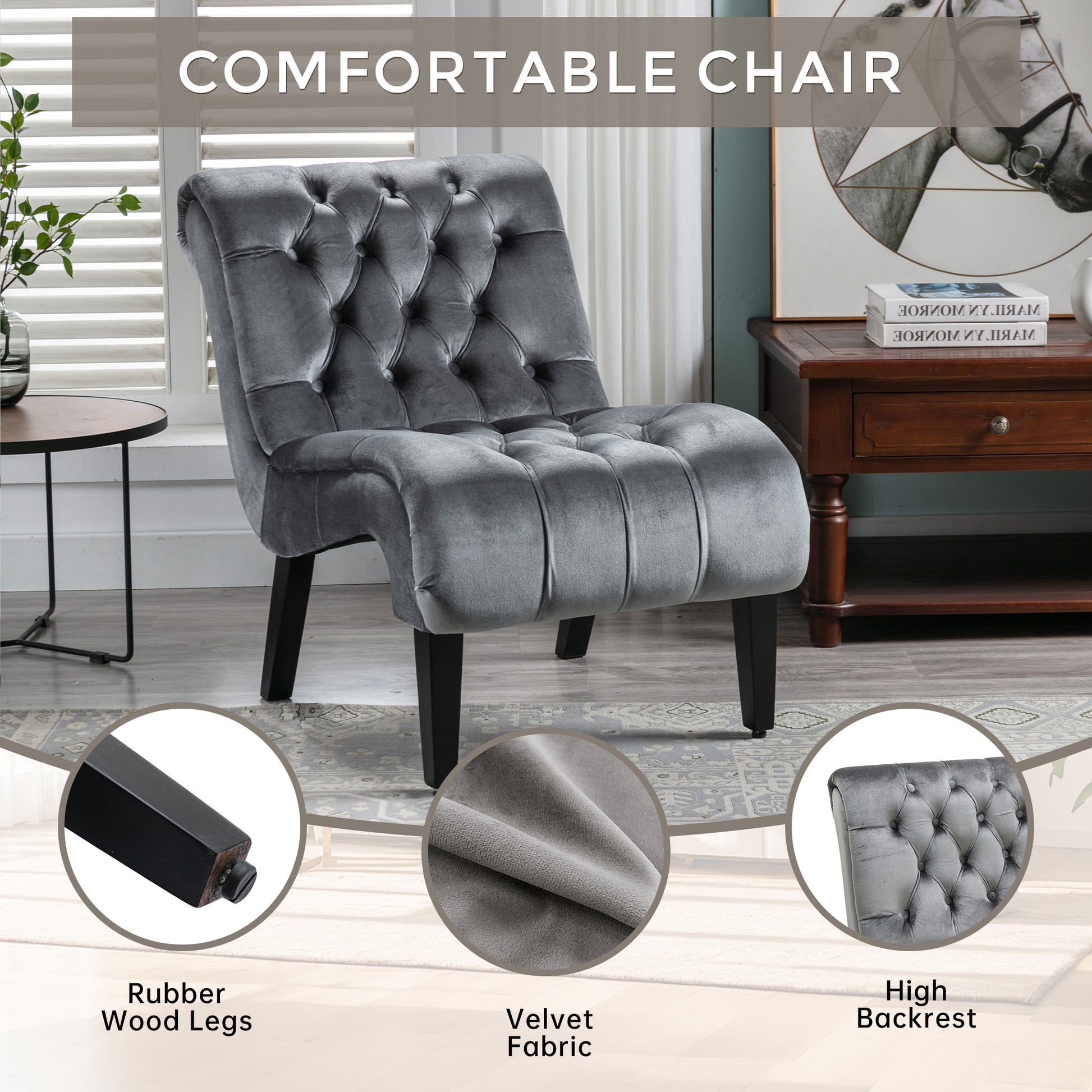 Coolmore Modern Velvet Armless Accent Living Room Chair Leisure Chair,Upholstered Fabric Button Comfortable Chair With Wooden Legs For Bedroom, Living Room, Office Silver Velvet Silver Foam Velvet