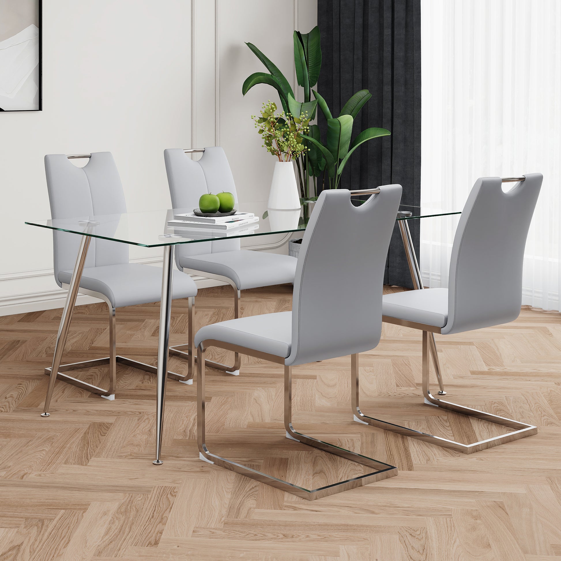 Modern Simple Rectangular Glass Dining Table, Solid Tempered Glass Tabletop, Electroplated Table Legs, Gray Pu Dining Chair Set, Suitable For Restaurant Kitchen Use Set Of 5 Upholstered Chair Glass Gray Pu Seats 4 Metal Rectangular Dining Table With