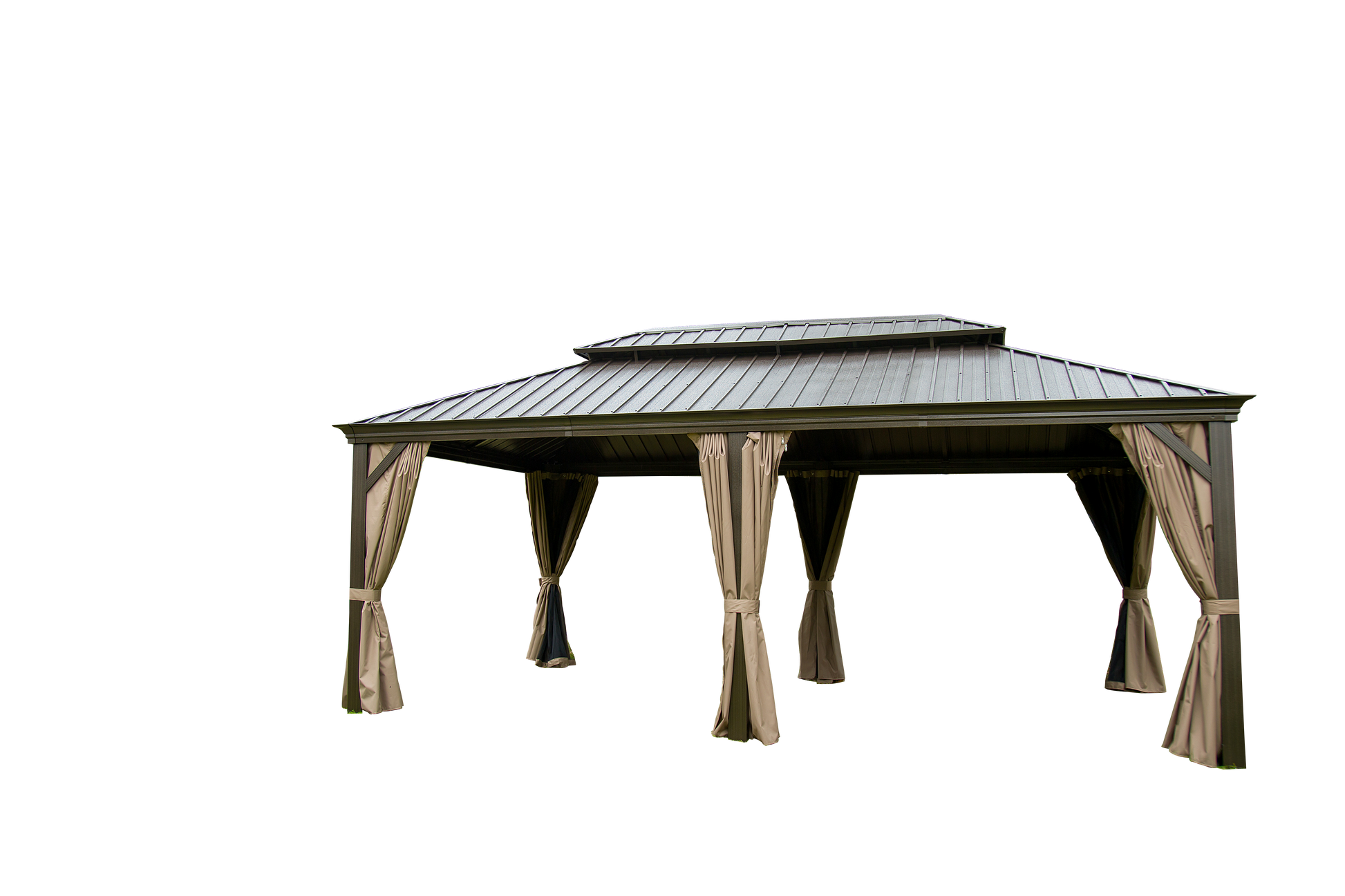 Outdoor Living 14X20Ft Hardtop Gazebo, Permanent Metal Gazebo With Galvanized Steel Double Roof And Aluminum Frame, Curtain And Netting, Large Pavilion Gazebo For Patio Deck Garden Brown Aluminum
