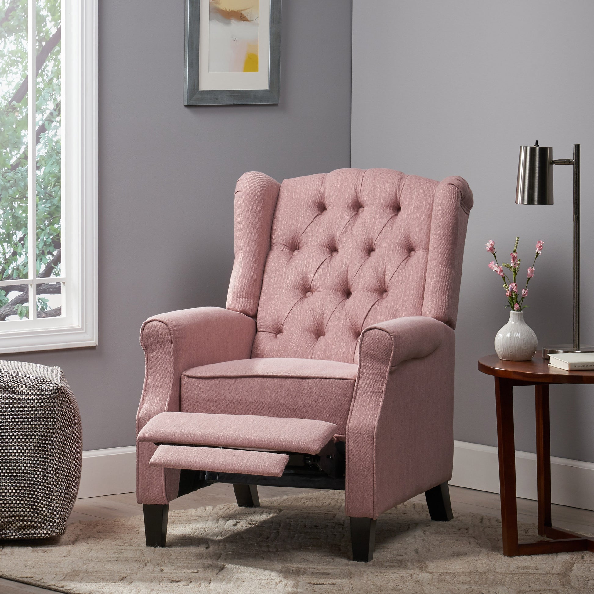 28" Wide Manual Wing Chair Recliner Light Pink Fabric