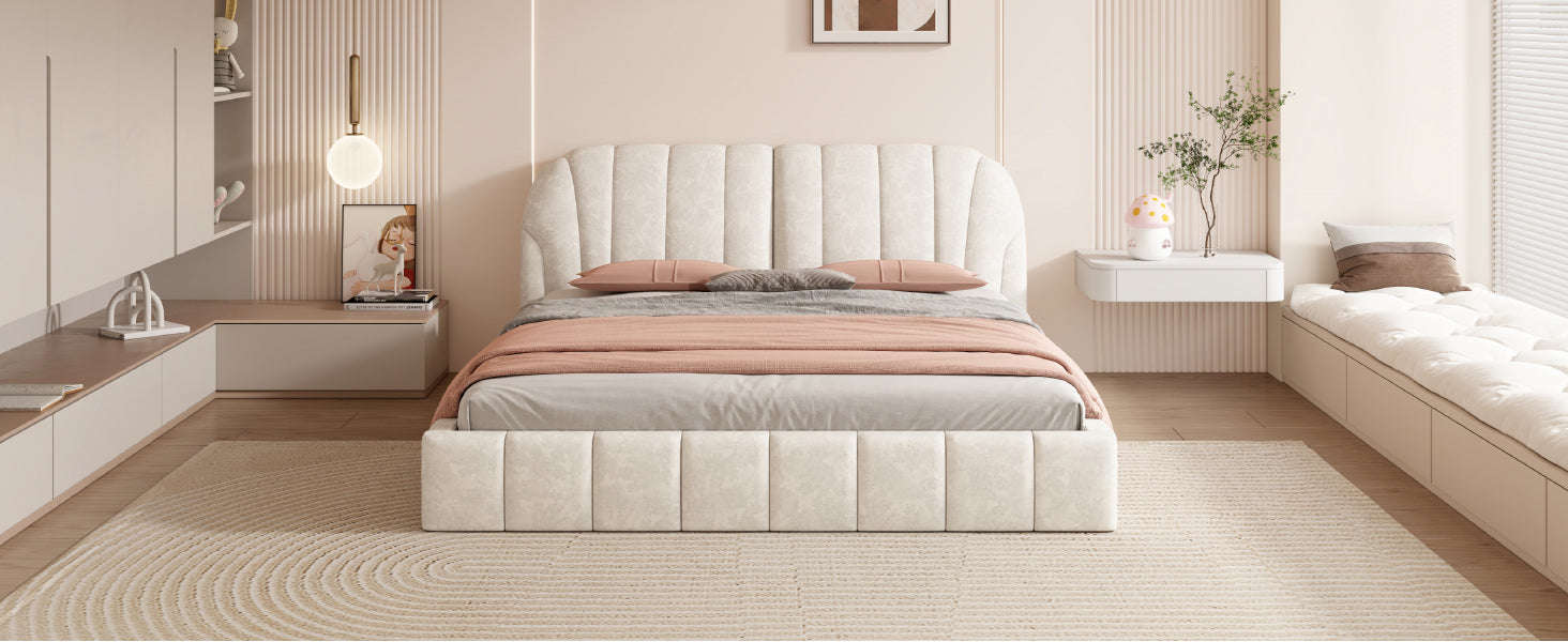 Queen Size Upholstered Platform Bed With Thick Fabric, Polyester, Beige Queen Beige Polyester