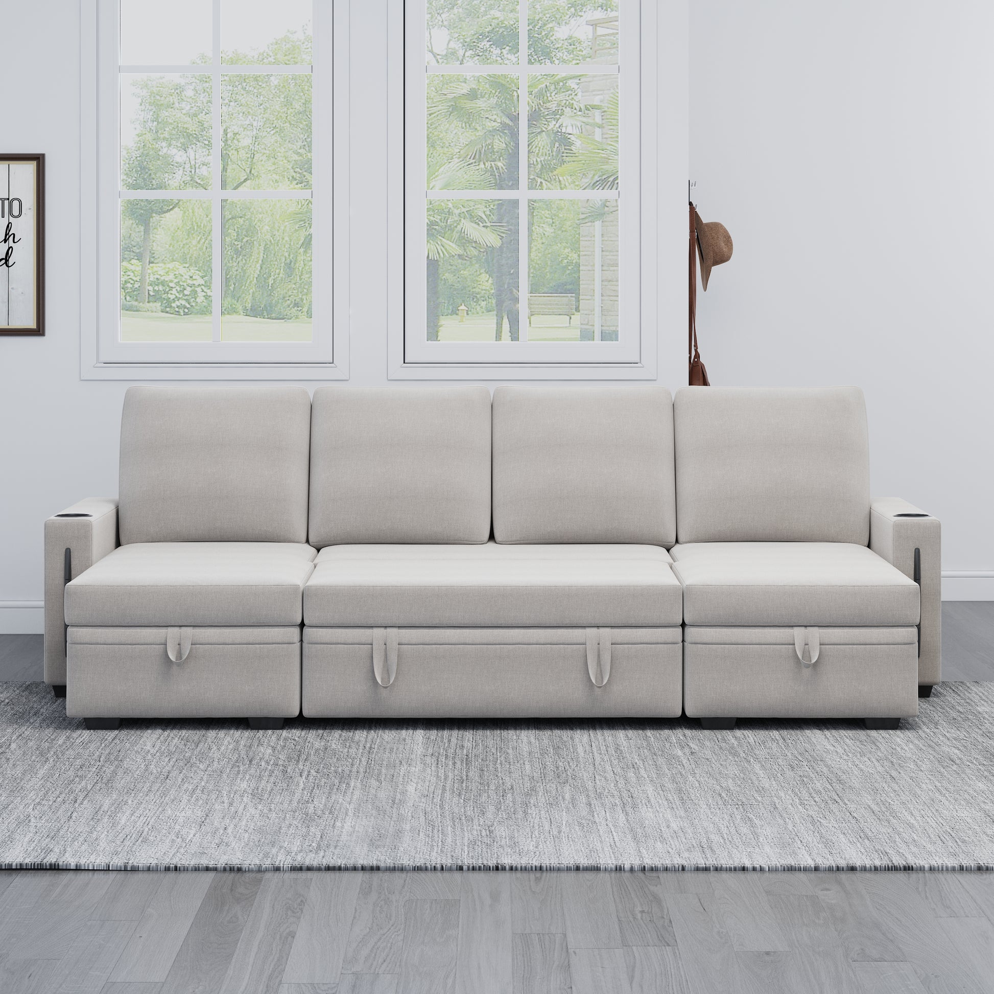 Sectional Sofa With Storage, 96" U Shaped Sectional Couches For Living Room, Comfy Convertible Sectional Sofa Beige Beige Linen Wood Primary Living Space Cushion Back Soft Modern Eucalyptus Square Arms Foam Linen 4 Seat