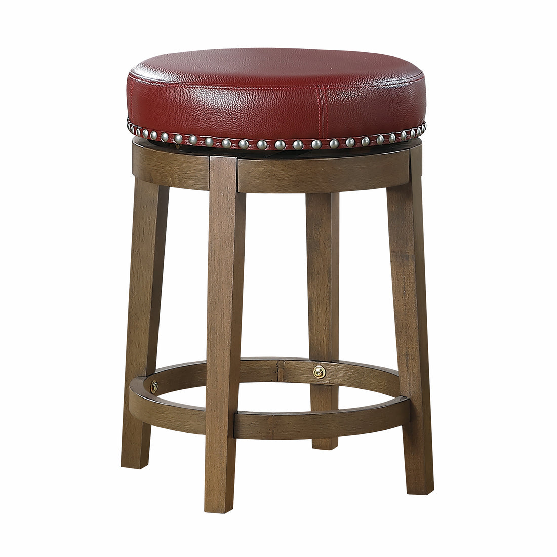 Round Swivel Counter Height Stools Set Of 2, Red Faux Leather 360 Degree Swivel Seat Trim Solid Wood Frame Brown Finish Furniture Red Brown Dining Room Round Solid Wood