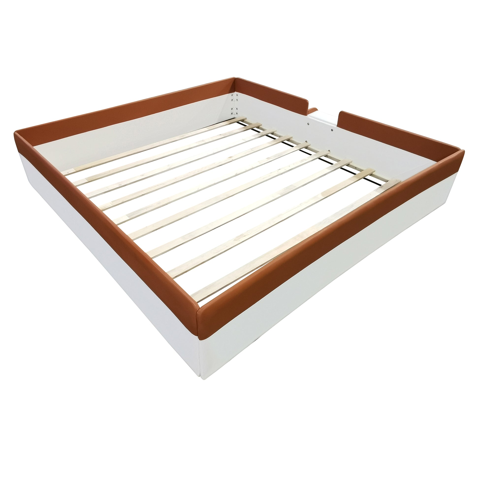 King Size Upholstered Daybed Frame With Fence And Stairs, Brown White King Brown White Mdf Lvl